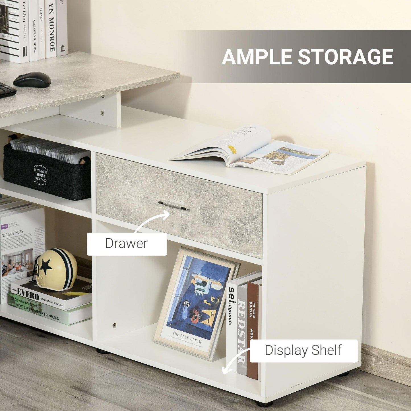 HOMCOM Compact Grey & White L-Shaped Desk with Shelves - ALL4U RETAILER LTD