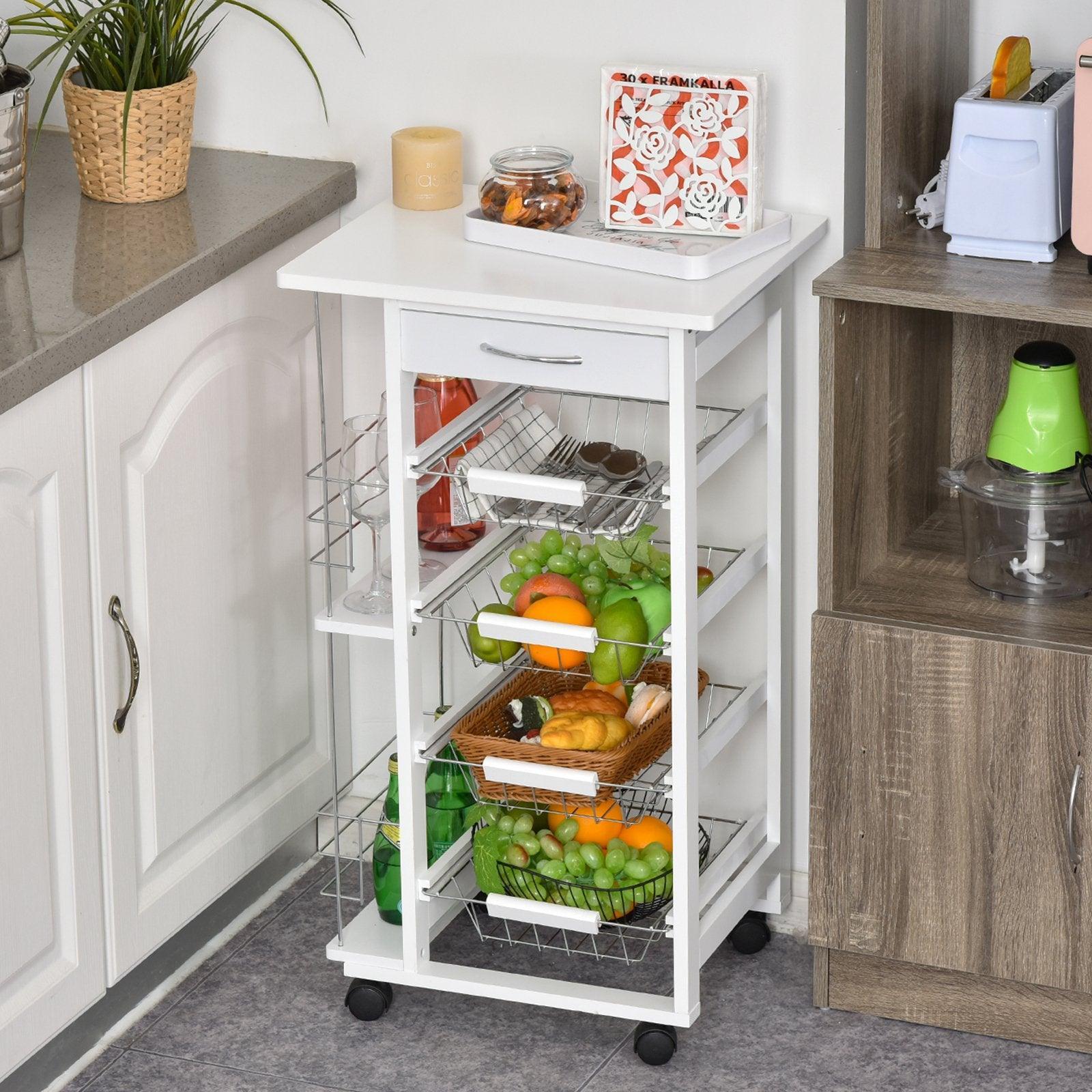 HOMCOM Compact Kitchen Island Trolley - 4 Baskets, Side Racks - ALL4U RETAILER LTD