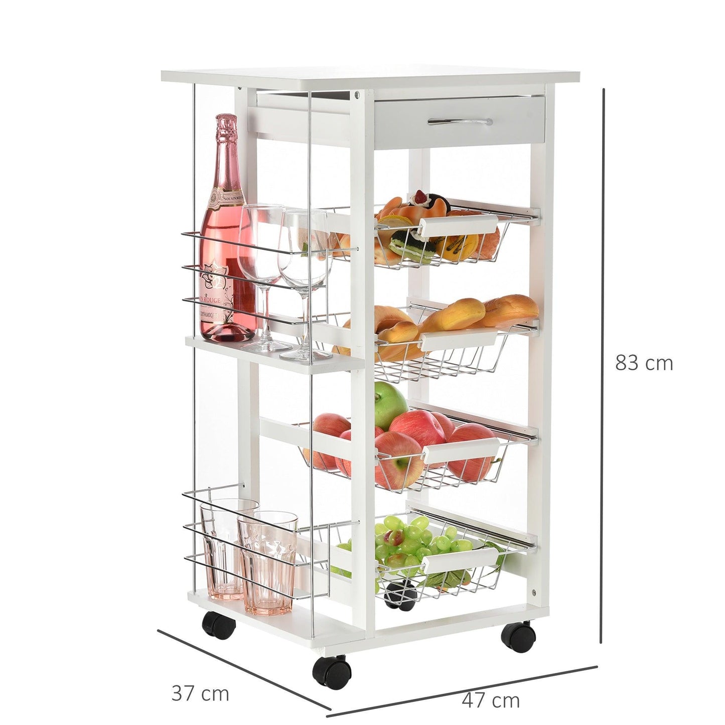 HOMCOM Compact Kitchen Island Trolley - 4 Baskets, Side Racks - ALL4U RETAILER LTD