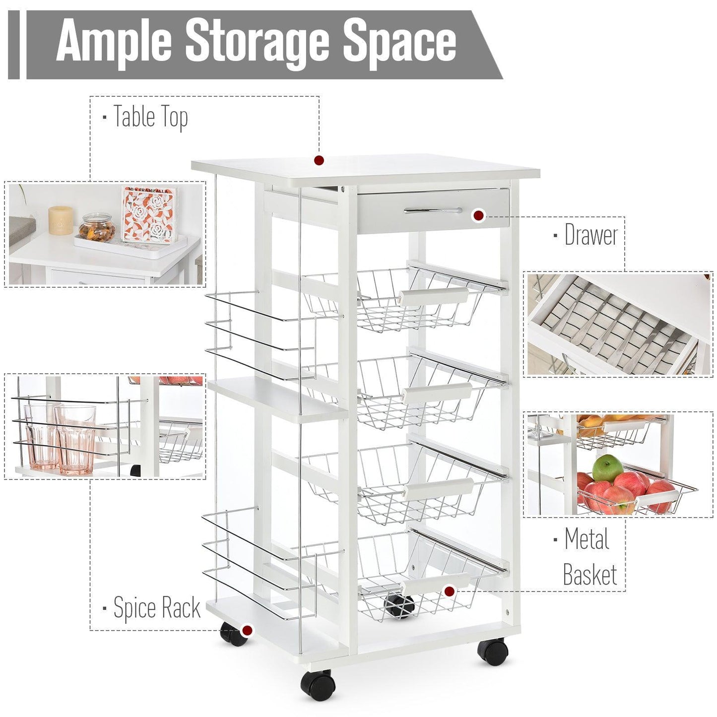 HOMCOM Compact Kitchen Island Trolley - 4 Baskets, Side Racks - ALL4U RETAILER LTD