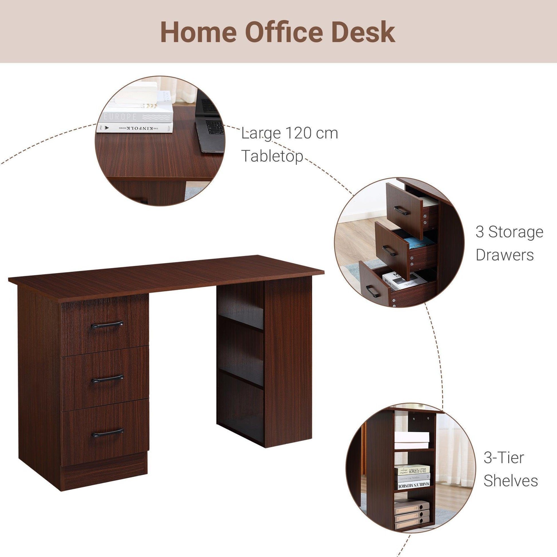 HOMCOM Compact Walnut Desk with Storage, 120cm - ALL4U RETAILER LTD