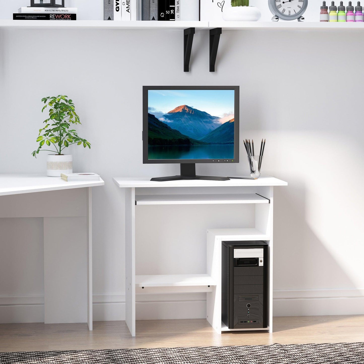 HOMCOM Compact White Computer Desk: Storage Shelf Included - ALL4U RETAILER LTD