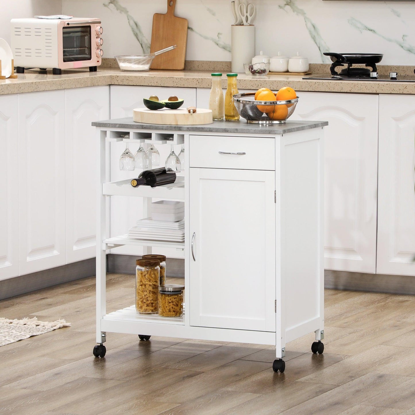 HOMCOM Compact White Kitchen Cart with Wine Rack & Storage - ALL4U RETAILER LTD