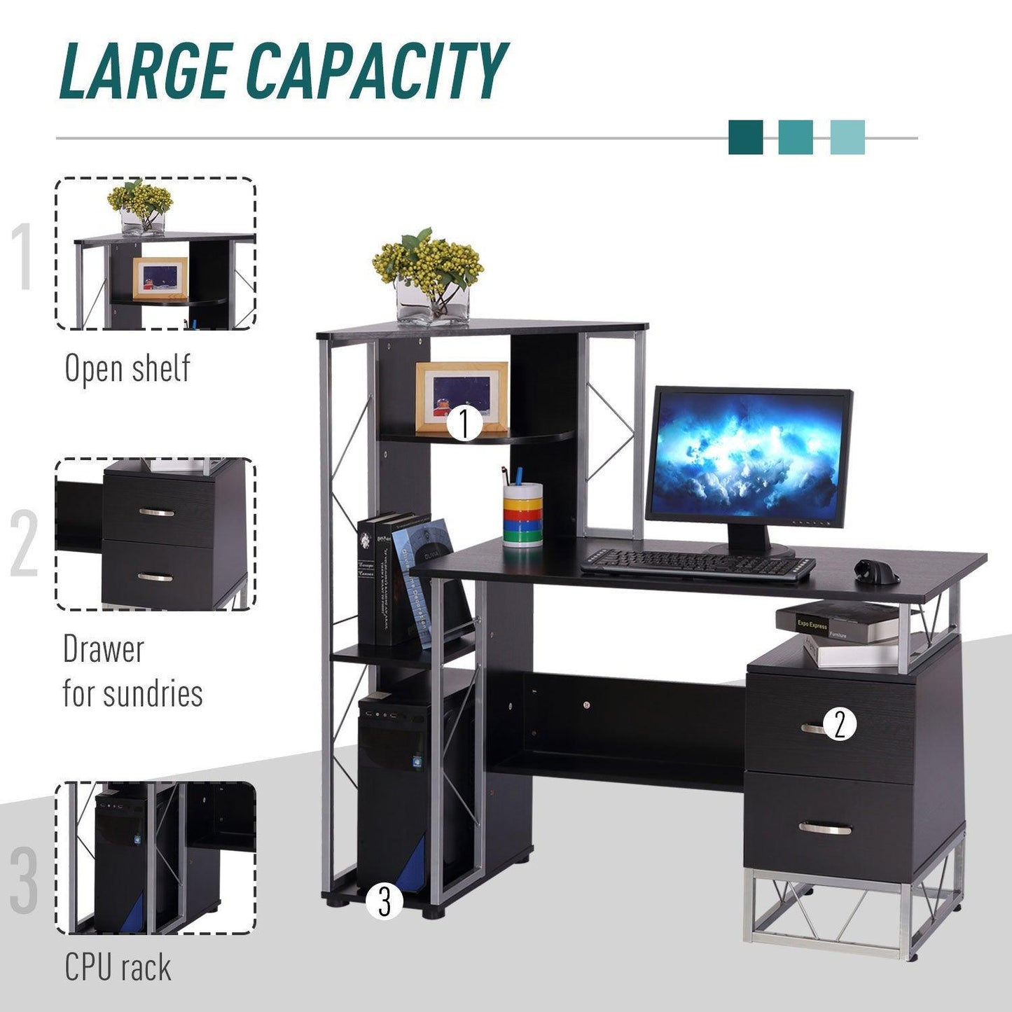 HOMCOM Computer Desk with Drawers - ALL4U RETAILER LTD