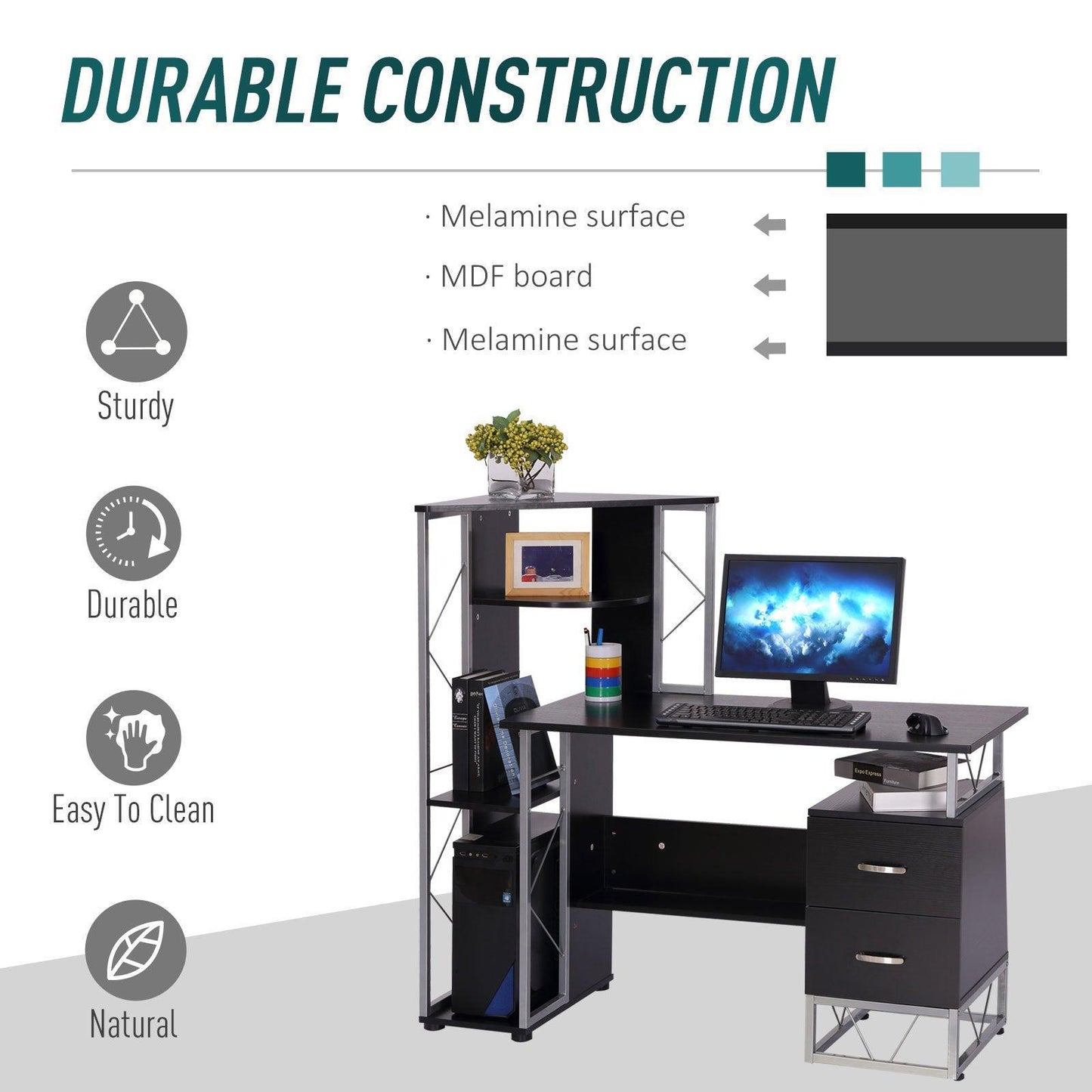 HOMCOM Computer Desk with Drawers - ALL4U RETAILER LTD