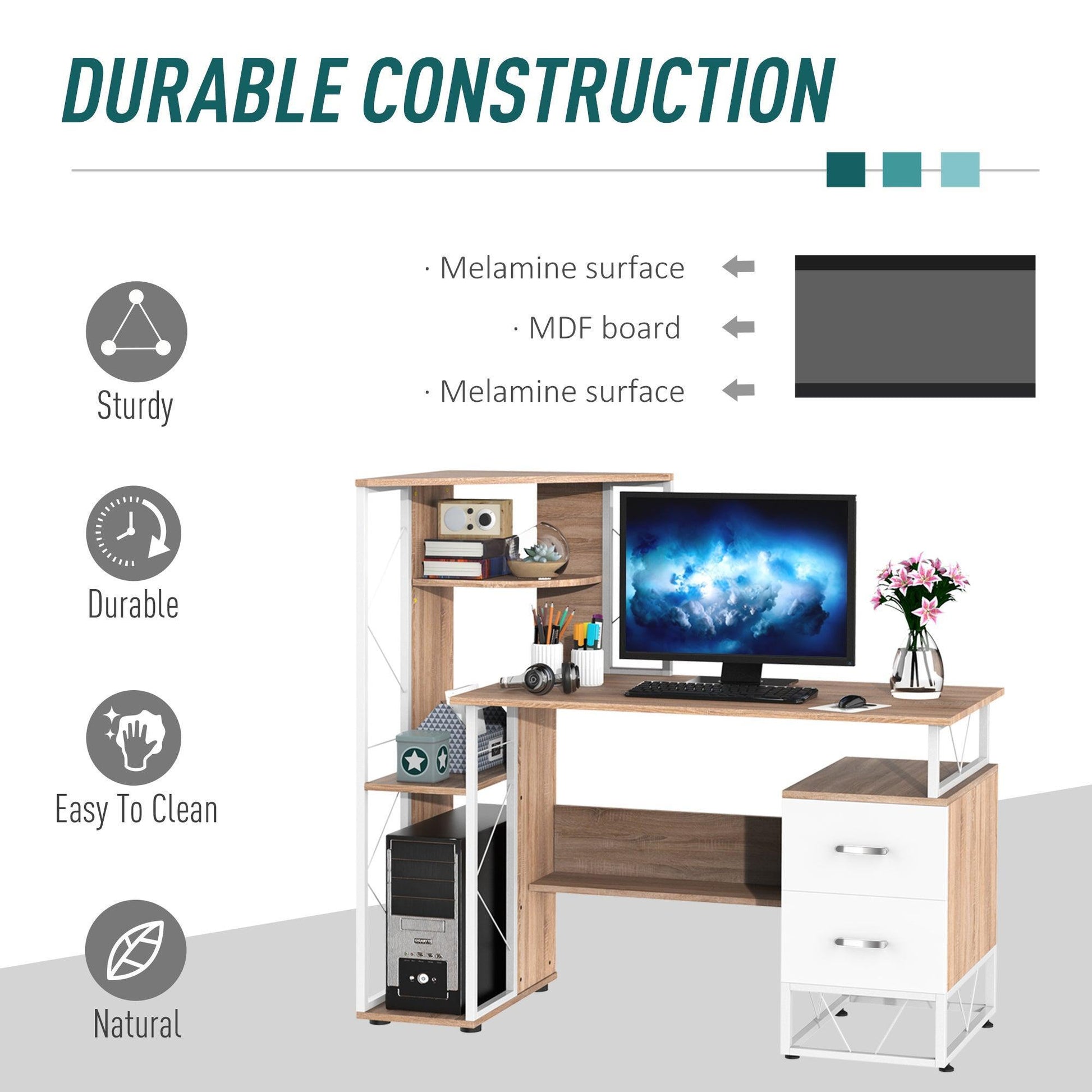 HOMCOM Computer Desk with Drawers - ALL4U RETAILER LTD