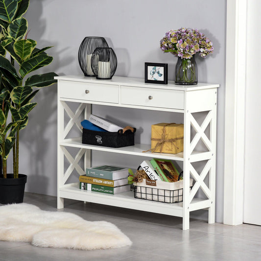 HOMCOM Console Table with Shelves and Drawers - White - ALL4U RETAILER LTD