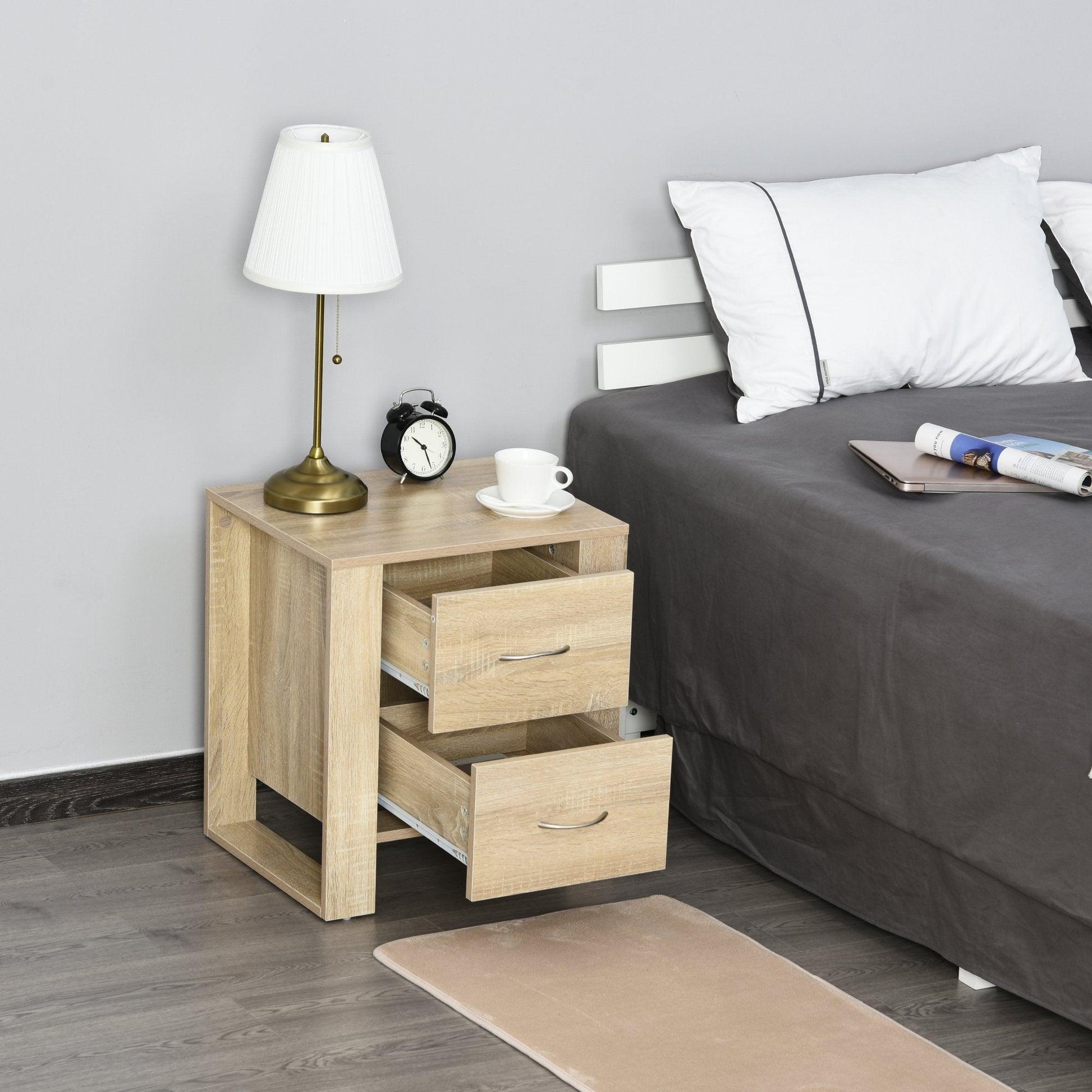 HOMCOM Contemporary Oak Nightstand with 2 Drawers - ALL4U RETAILER LTD