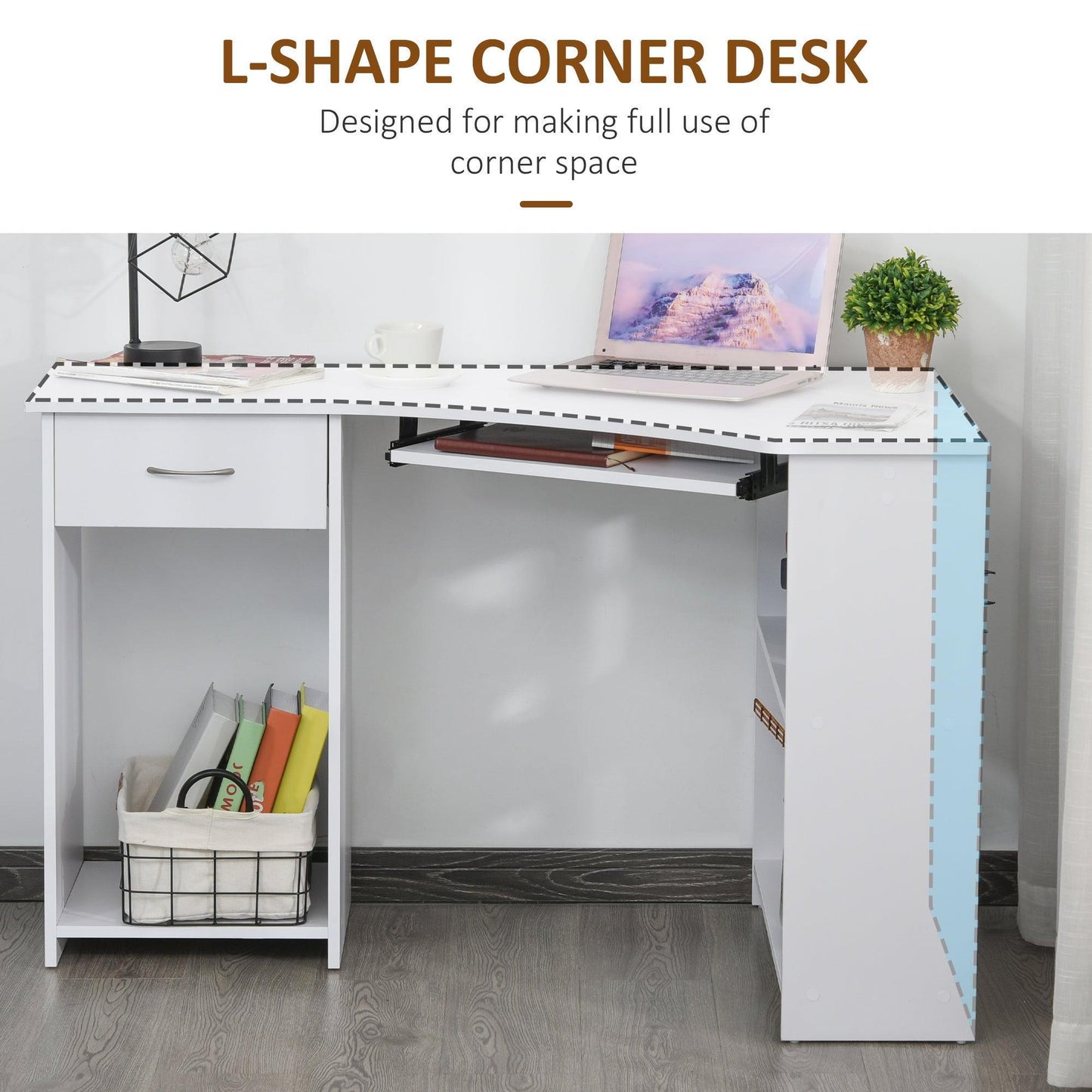 HOMCOM Corner Computer Desk with Shelves & Keyboard Tray - ALL4U RETAILER LTD