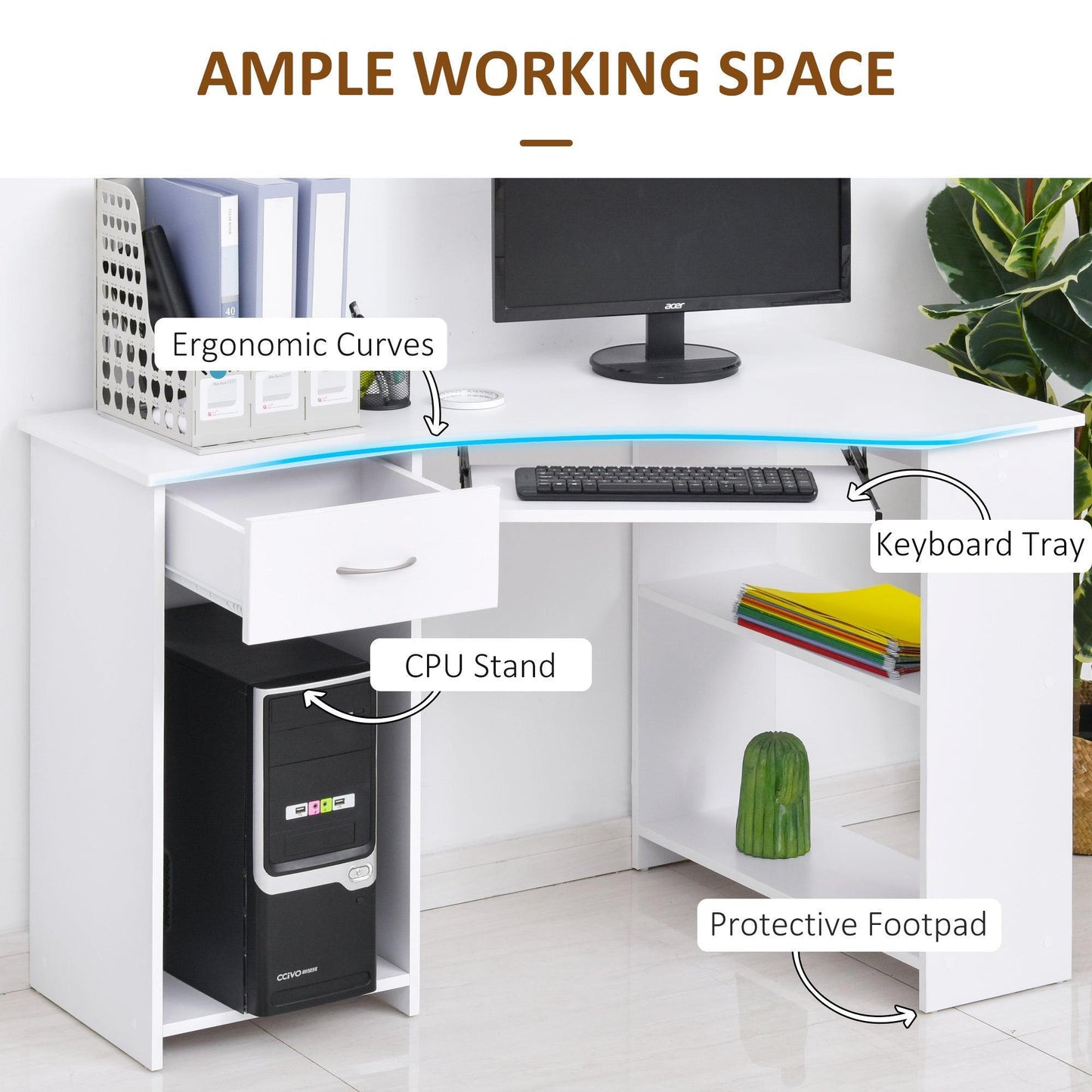 HOMCOM Corner Computer Desk with Shelves & Keyboard Tray - ALL4U RETAILER LTD