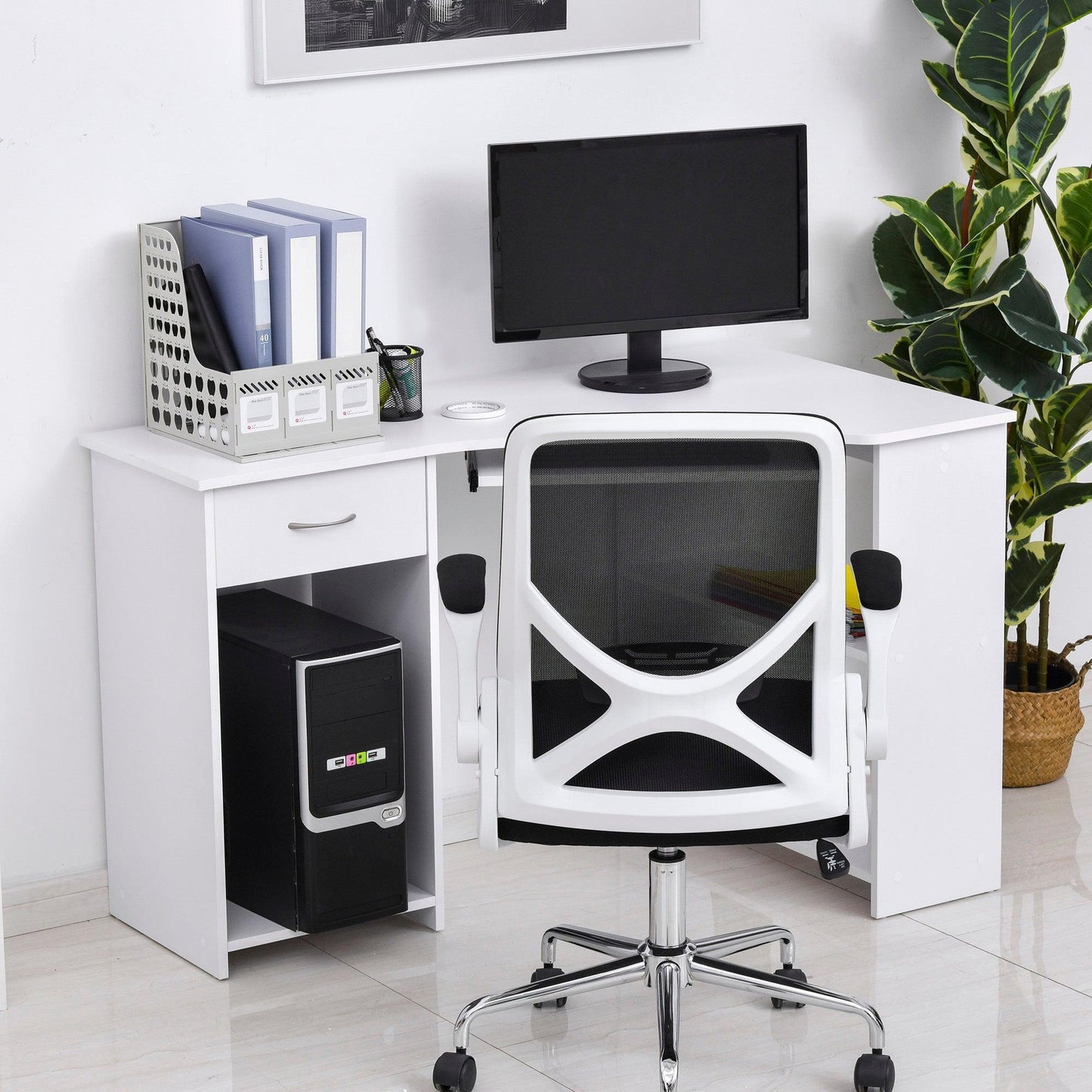 HOMCOM Corner Computer Desk with Shelves & Keyboard Tray - ALL4U RETAILER LTD