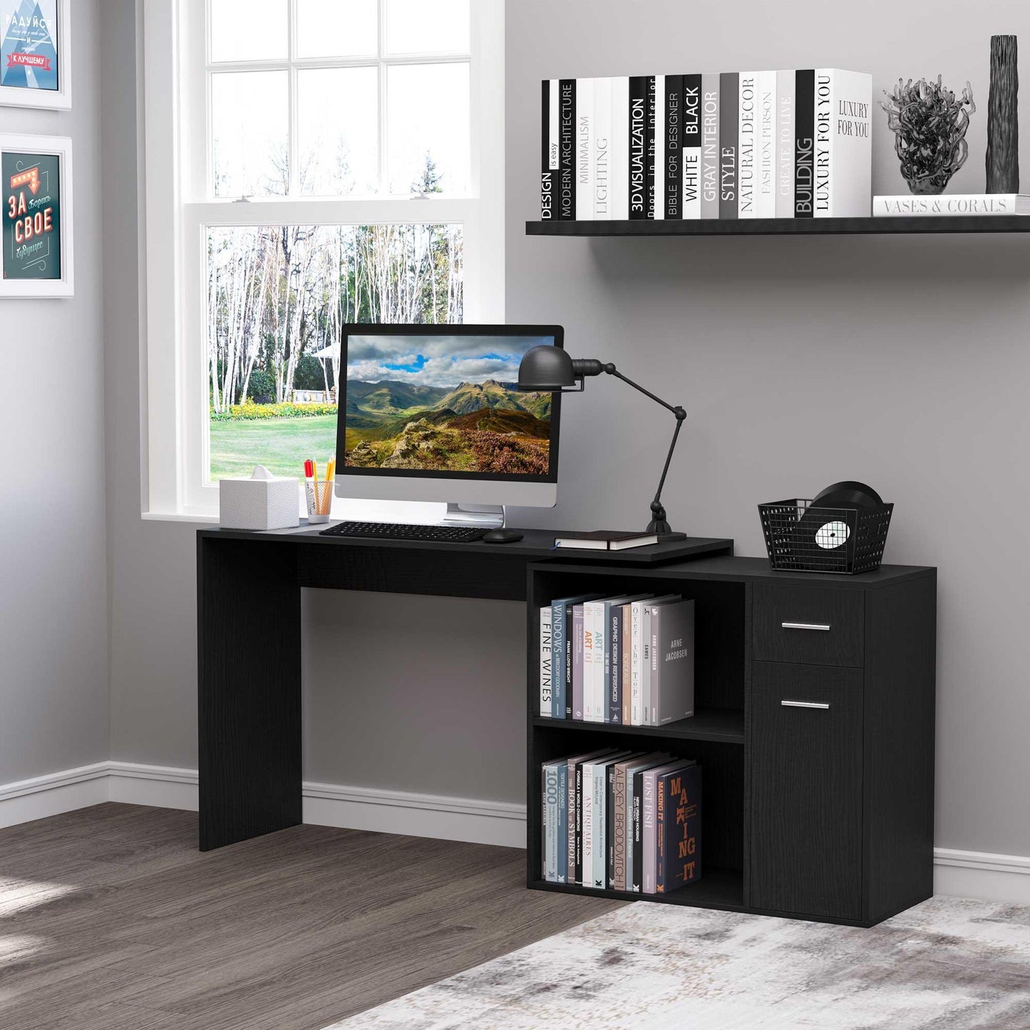 HOMCOM Corner Computer Desk with Storage Shelf - Black - ALL4U RETAILER LTD