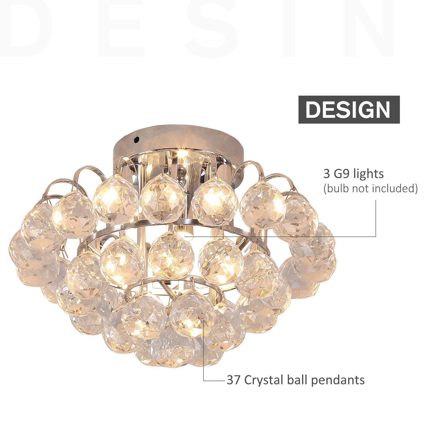 HOMCOM Crystal Chandelier - Elegant Flush Mount Pendant - ALL4U RETAILER LTD