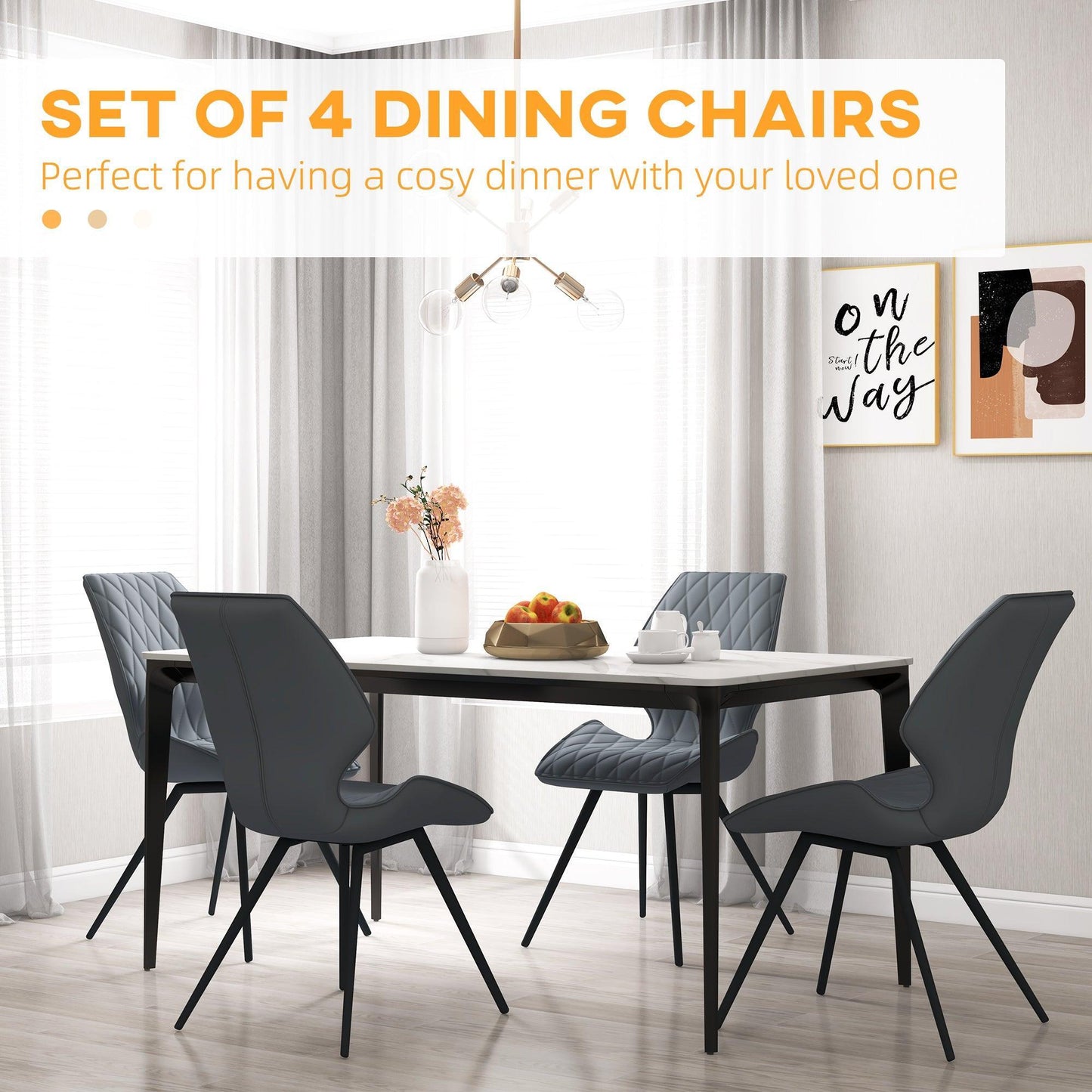 HOMCOM Dining Chairs:Set of 4, Metal Legs, PU Leather, Grey - ALL4U RETAILER LTD