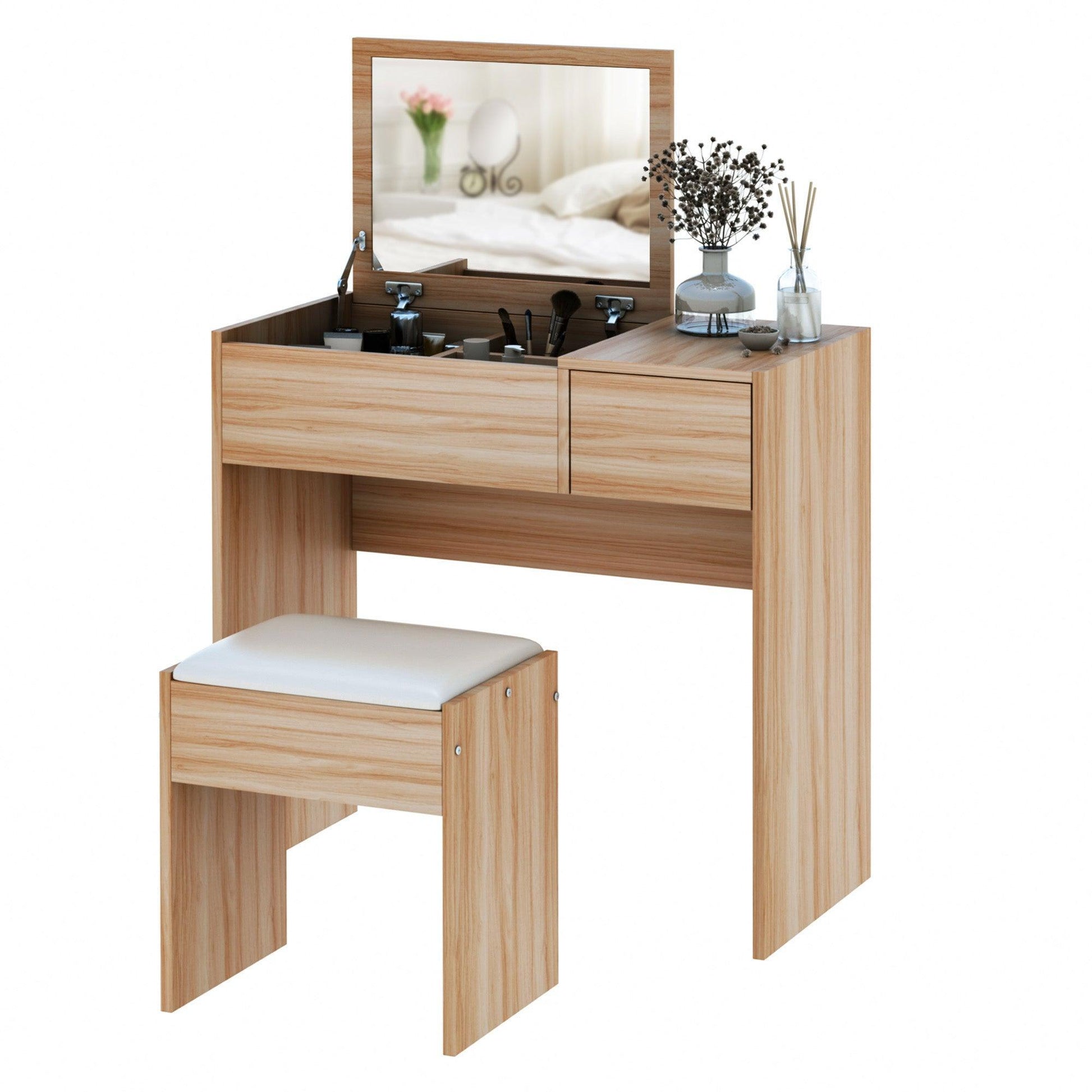 HOMCOM Dressing Table Set with Mirror & Stool - ALL4U RETAILER LTD