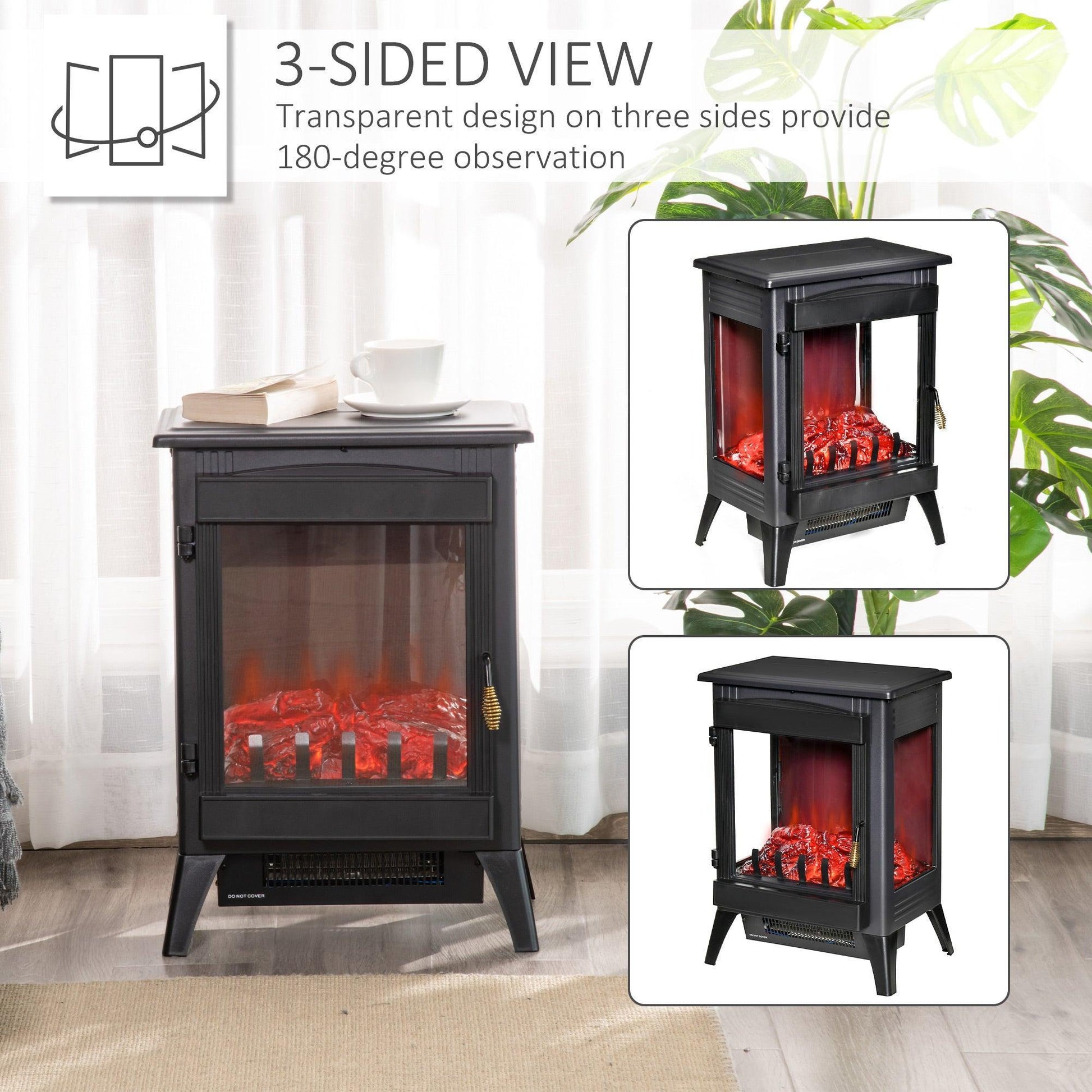 HOMCOM Electric Fireplace Stove: LED Flame, 3-Sided Glass - ALL4U RETAILER LTD