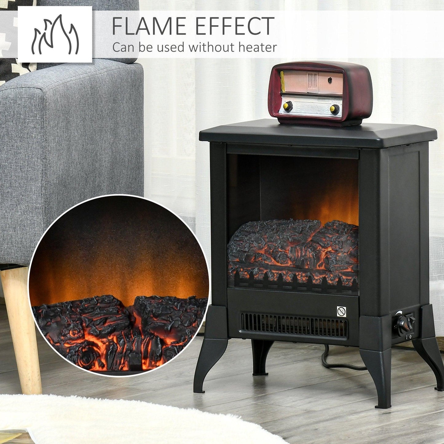 HOMCOM Electric Fireplace Stove, Realistic Flame, Adjustable Temp - ALL4U RETAILER LTD