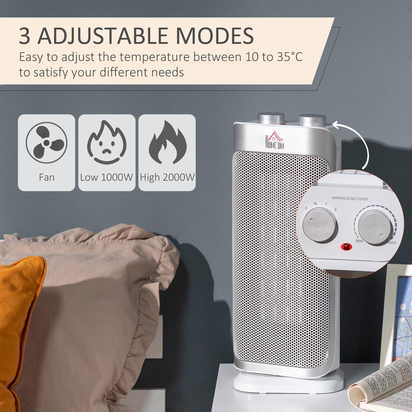 HOMCOM Electric Heater - Adjustable Modes, Tip-Over Protection, White - ALL4U RETAILER LTD