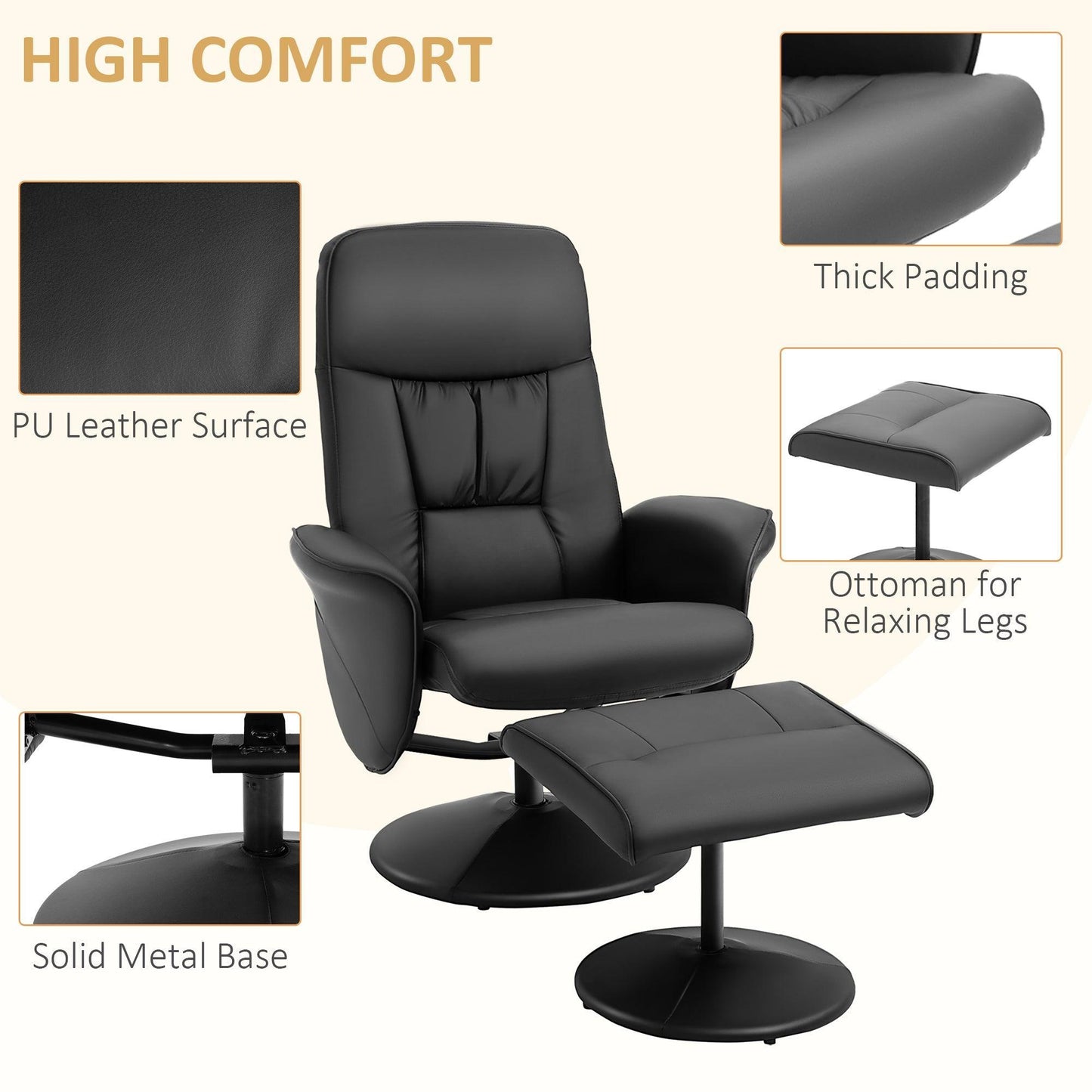 HOMCOM Executive Recliner Chair Set with Footstool - Black - ALL4U RETAILER LTD