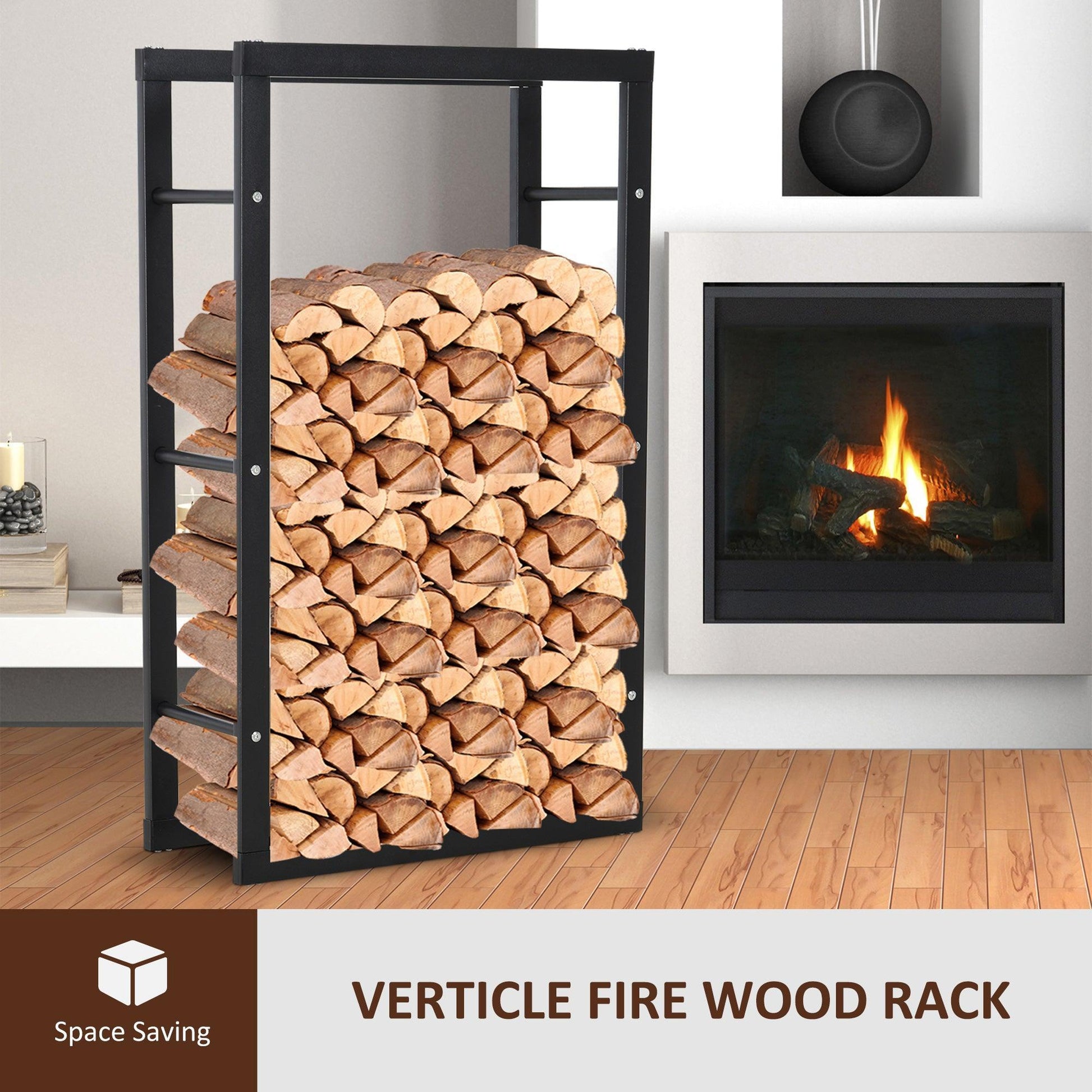 HOMCOM Firewood Log Holder - Indoor/Outdoor Storage Rack - Black - ALL4U RETAILER LTD