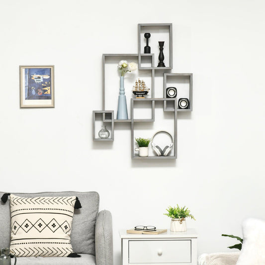 HOMCOM Floating Interlocking Shelves, Grey - Simplistic Wall Display - ALL4U RETAILER LTD