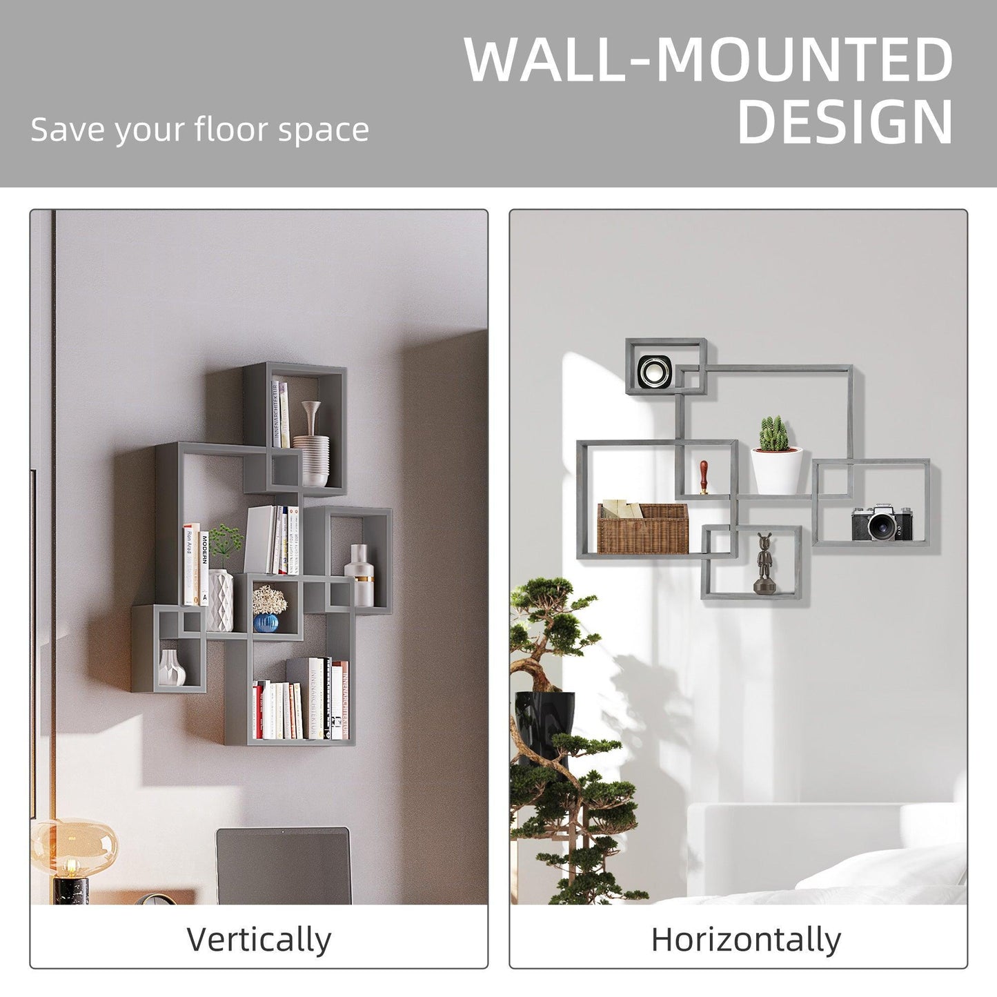 HOMCOM Floating Interlocking Shelves, Grey - Simplistic Wall Display - ALL4U RETAILER LTD