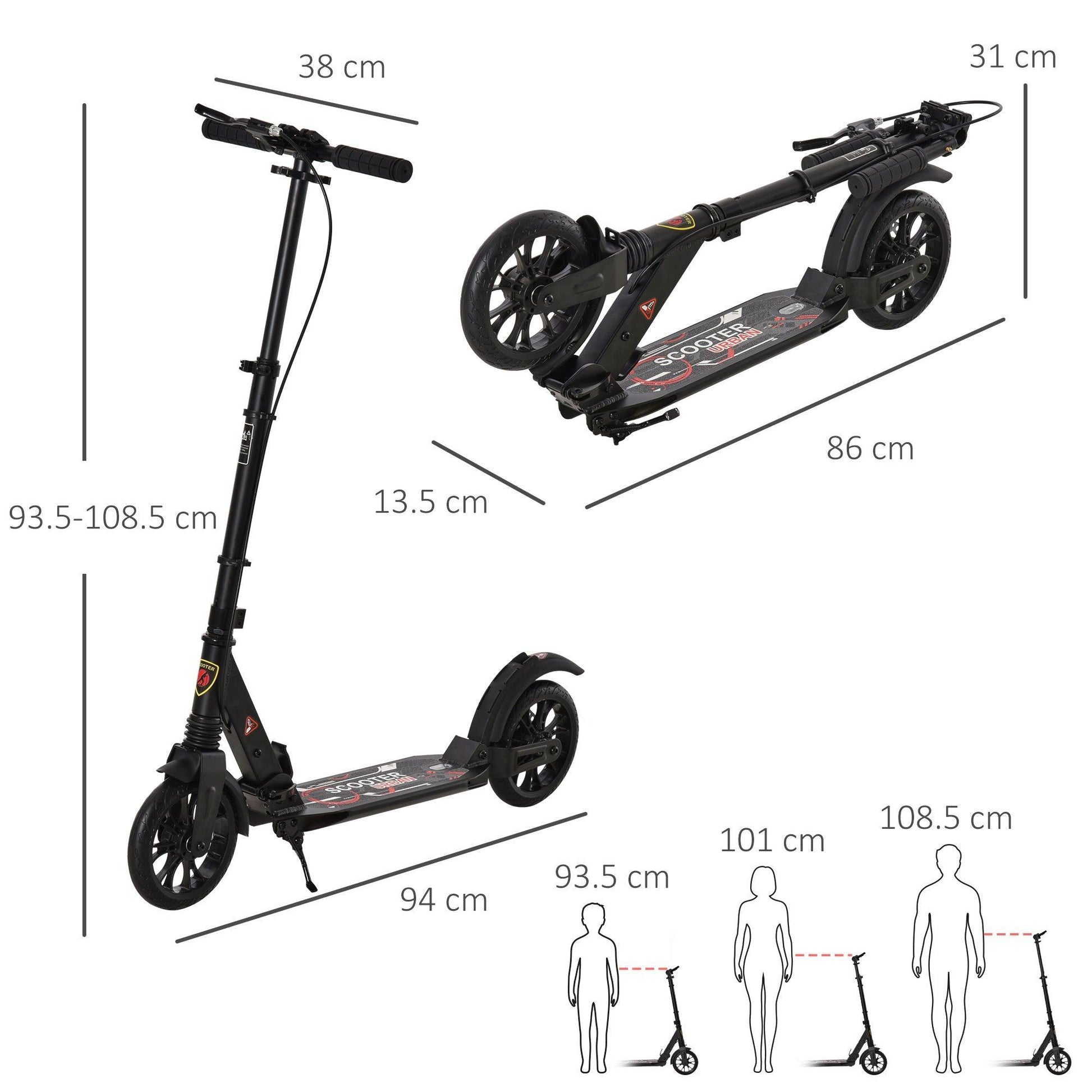 HOMCOM Foldable Adult Kick Scooter w/ Rear Wheel Brake - Black - ALL4U RETAILER LTD