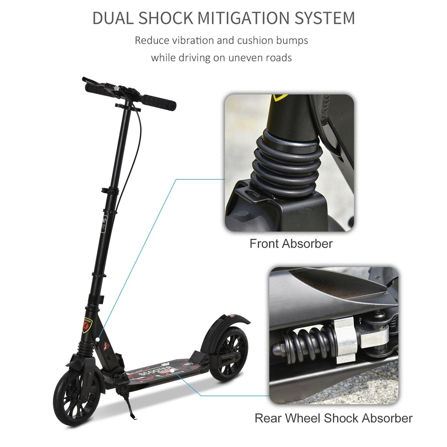 HOMCOM Foldable Adult Kick Scooter w/ Rear Wheel Brake - Black - ALL4U RETAILER LTD