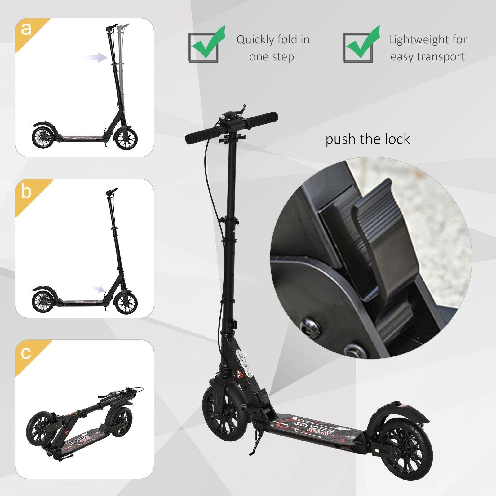 HOMCOM Foldable Adult Kick Scooter w/ Rear Wheel Brake - Black - ALL4U RETAILER LTD