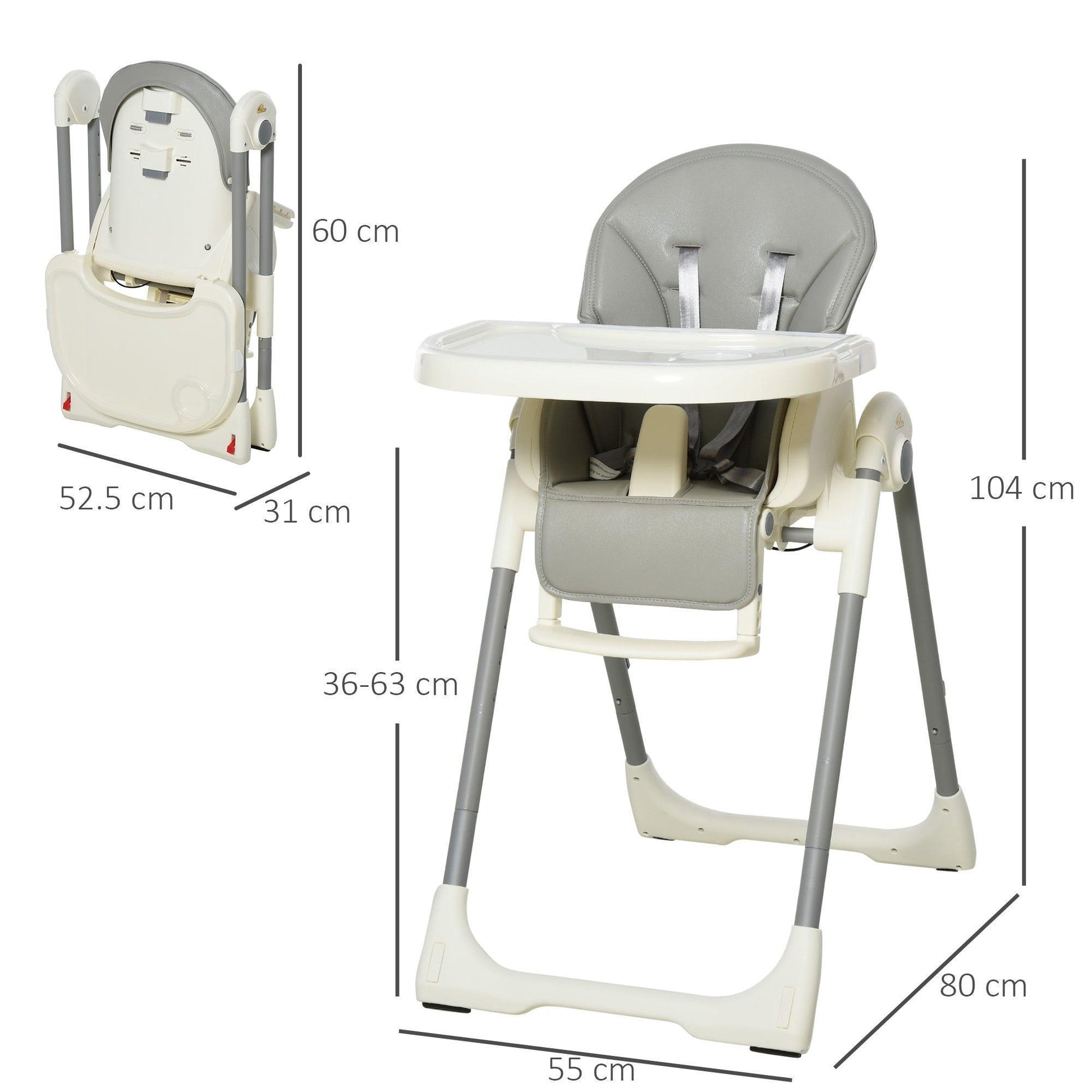 HOMCOM Foldable Baby High Chair, Adjustable with Removable Tray, Grey - ALL4U RETAILER LTD