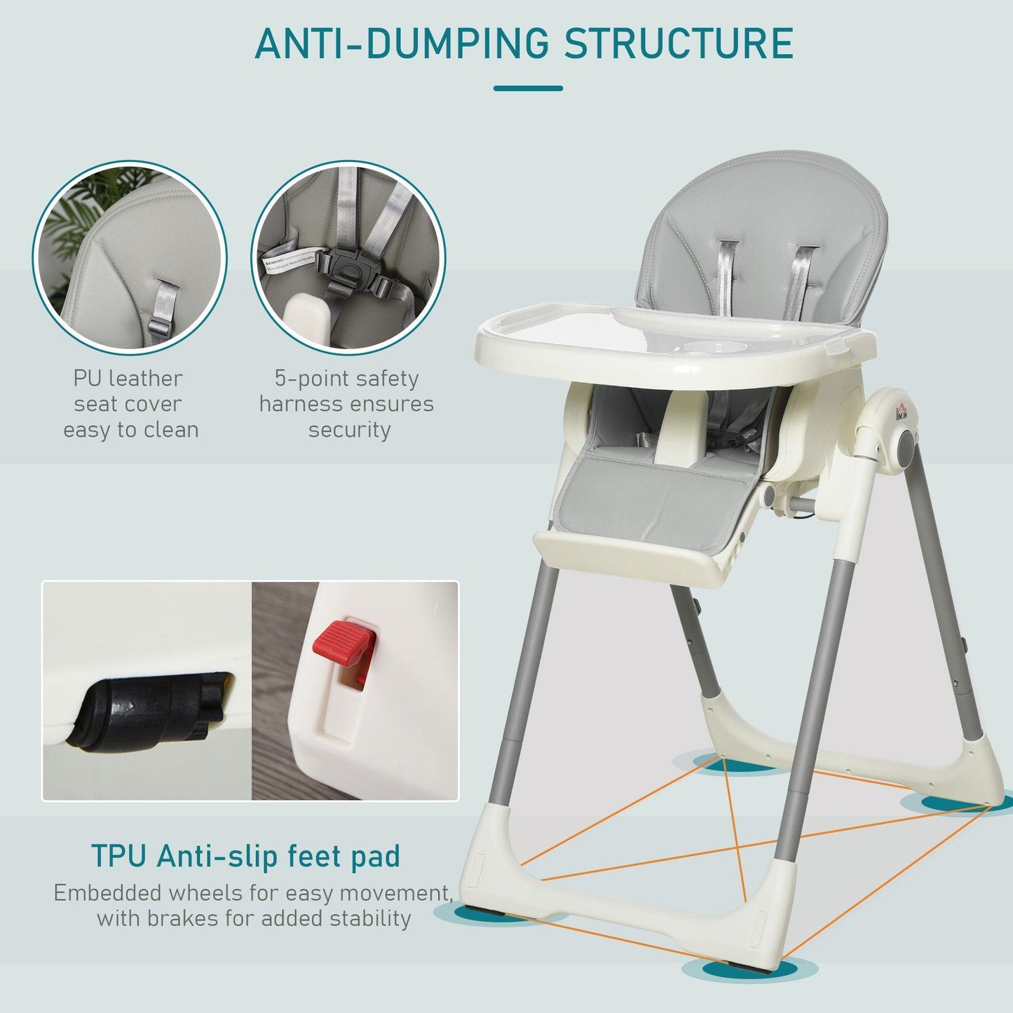 HOMCOM Foldable Baby High Chair, Adjustable with Removable Tray, Grey - ALL4U RETAILER LTD