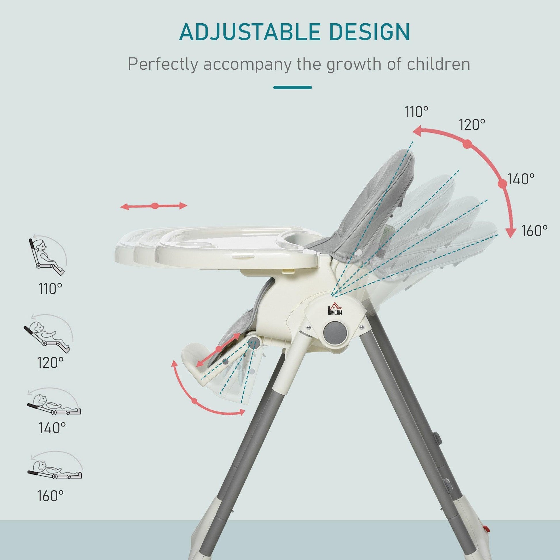 HOMCOM Foldable Baby High Chair, Adjustable with Removable Tray, Grey - ALL4U RETAILER LTD