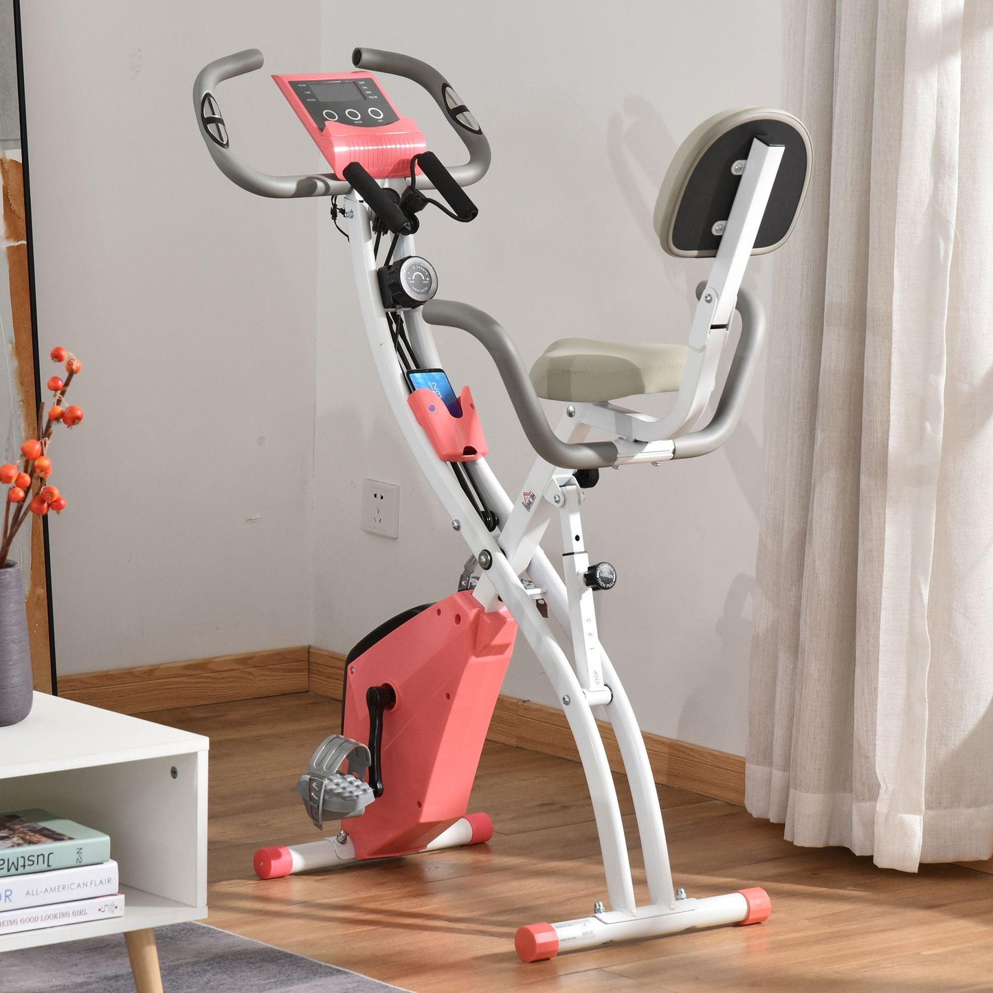 HOMCOM Foldable Exercise Bike with Arm Bands - Pink - ALL4U RETAILER LTD