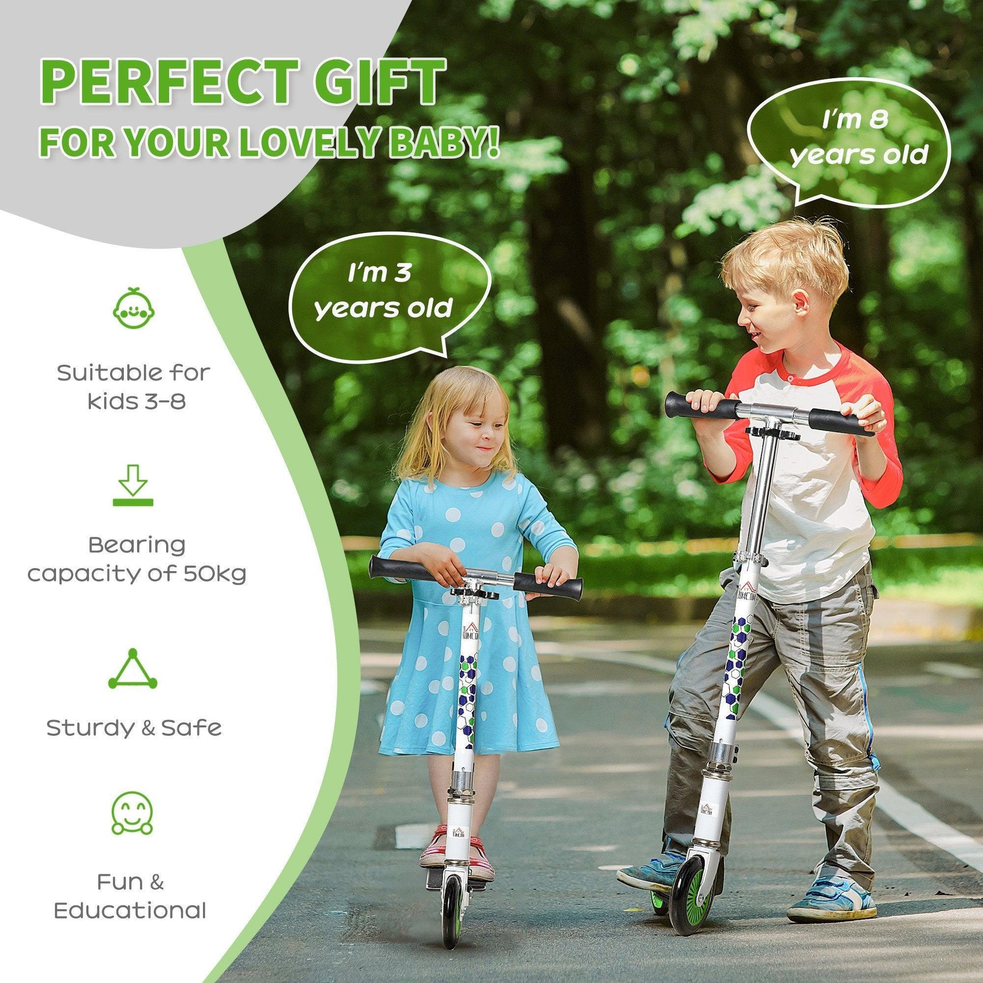 HOMCOM Foldable Kick Scooter for Kids: Adjustable Height, White - ALL4U RETAILER LTD