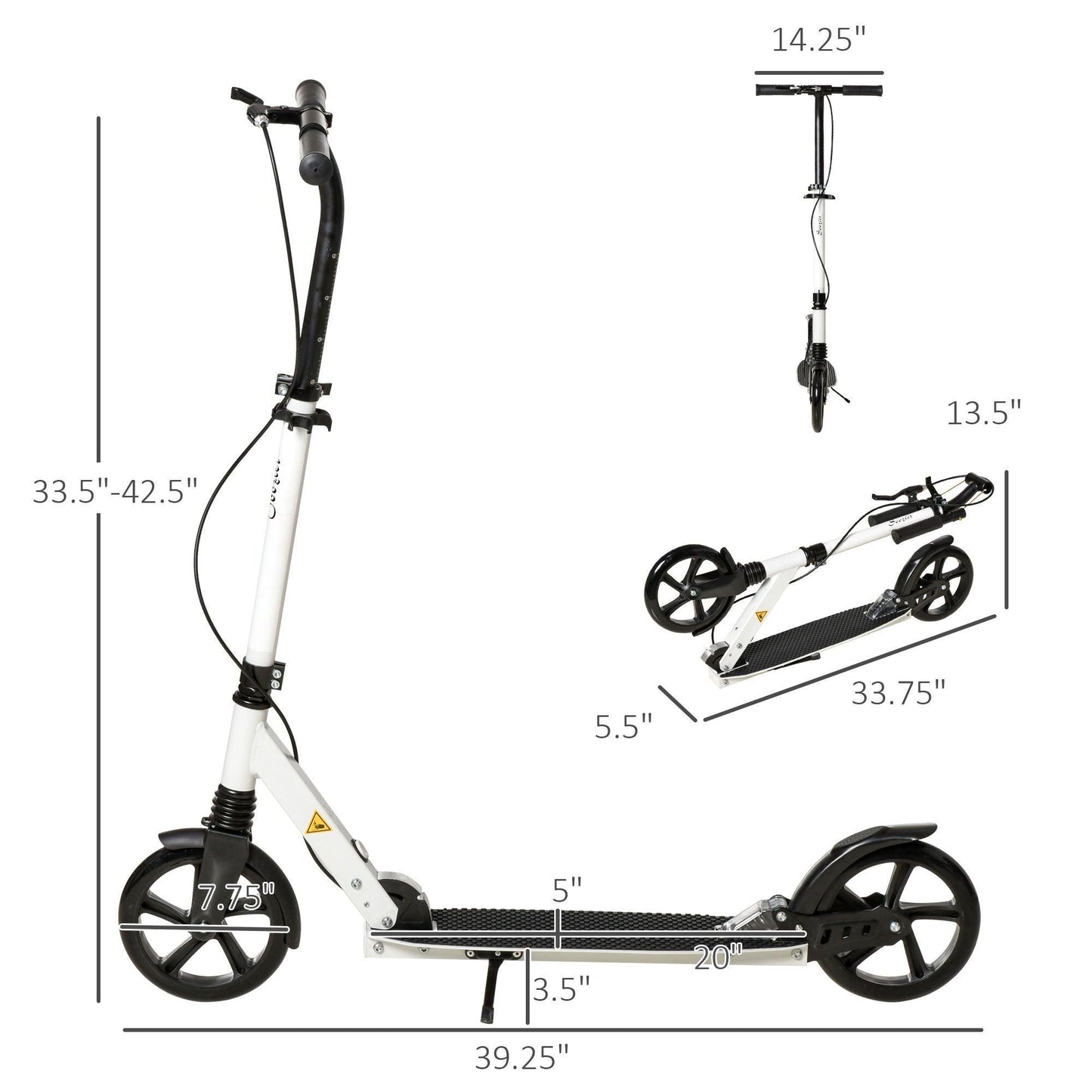 HOMCOM Folding Kick Scooter, Adjustable Handlebar - White - ALL4U RETAILER LTD