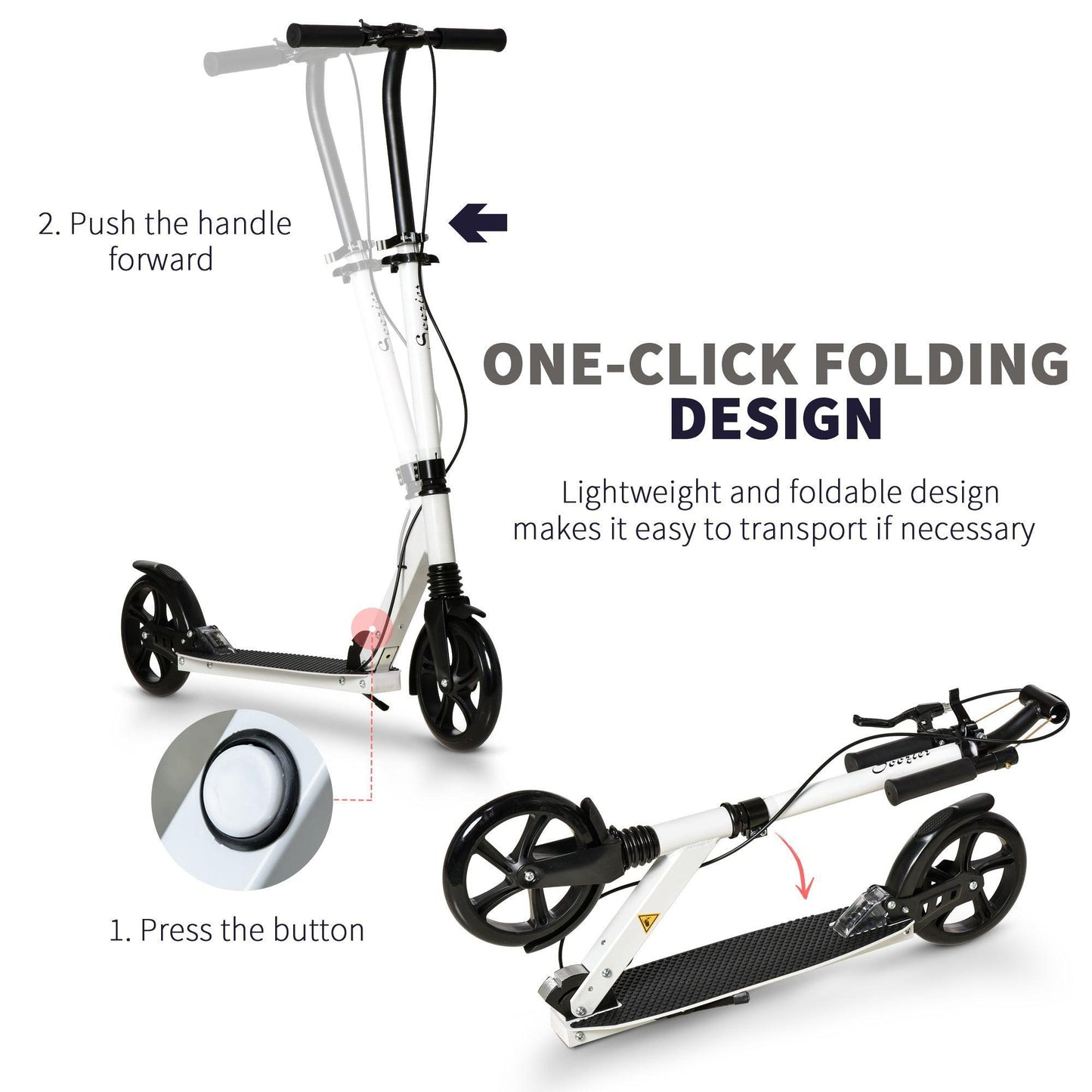 HOMCOM Folding Kick Scooter, Adjustable Handlebar - White - ALL4U RETAILER LTD