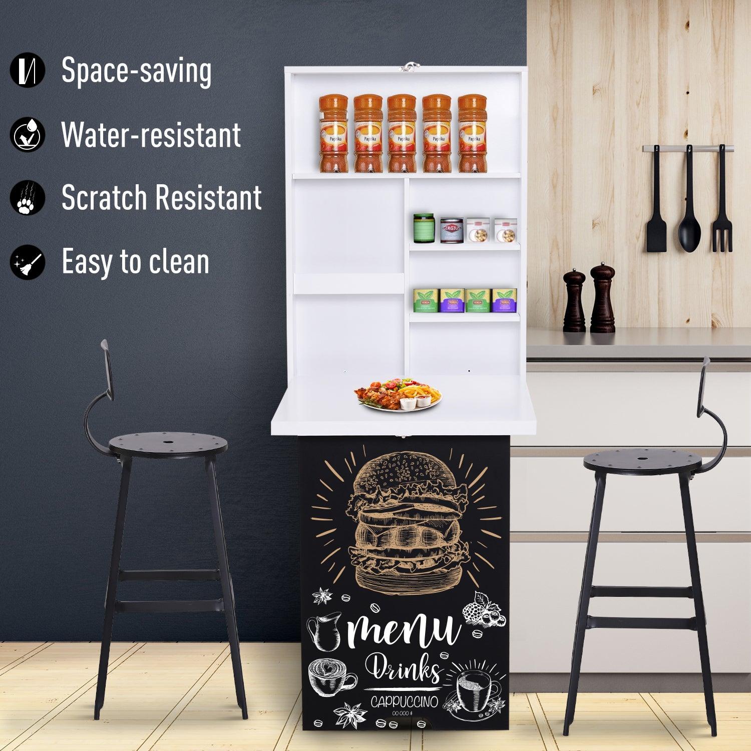 HOMCOM Folding Wall-Mounted Drop-Leaf Table: Chalkboard Shelf - ALL4U RETAILER LTD