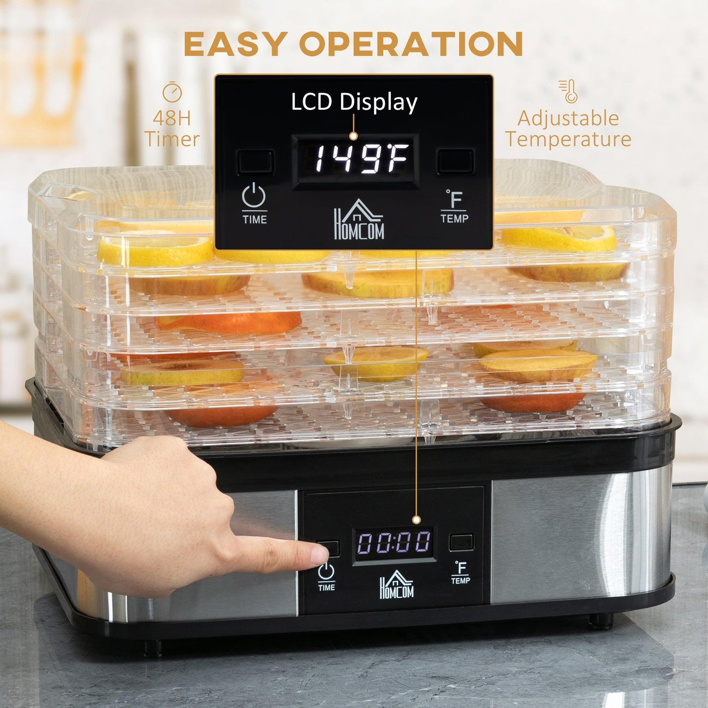 HOMCOM Food Dehydrator: Stainless Steel, Adjustable Temp & Timer - ALL4U RETAILER LTD