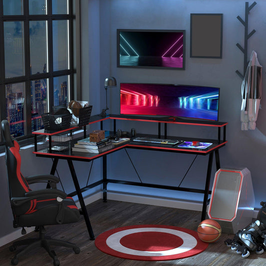 HOMCOM Gaming Desk: L-Shape Corner Computer Table, Black Red - ALL4U RETAILER LTD