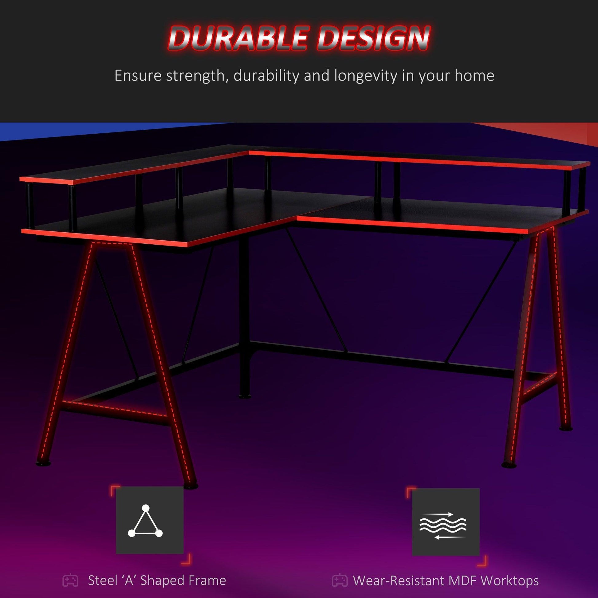 HOMCOM Gaming Desk: L-Shape Corner Computer Table, Black Red - ALL4U RETAILER LTD