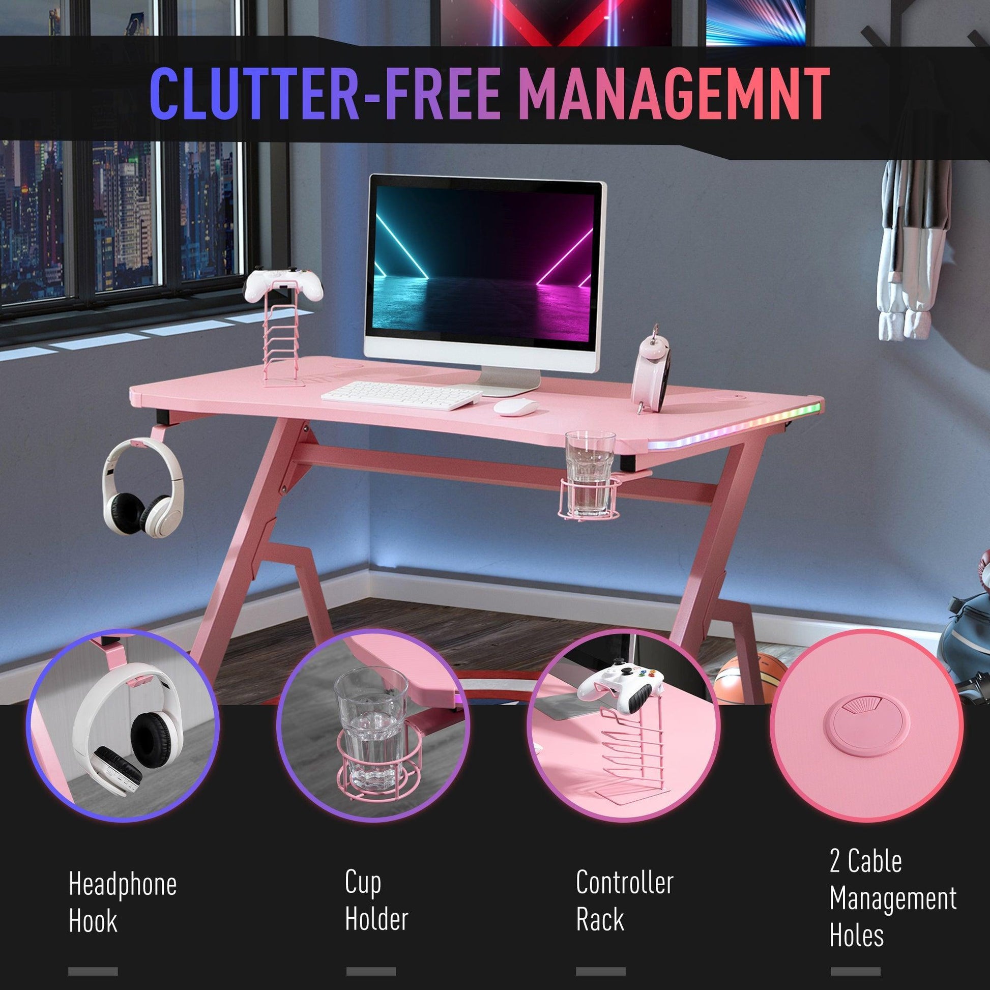 HOMCOM Pink Gaming Desk with RGB LED Lights - ALL4U RETAILER LTD