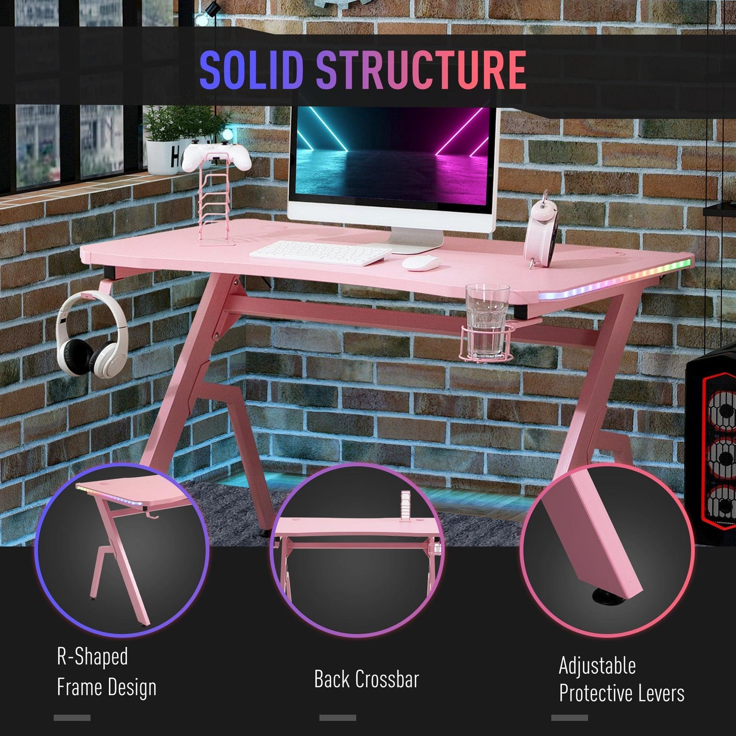 HOMCOM Pink Gaming Desk with RGB LED Lights - ALL4U RETAILER LTD