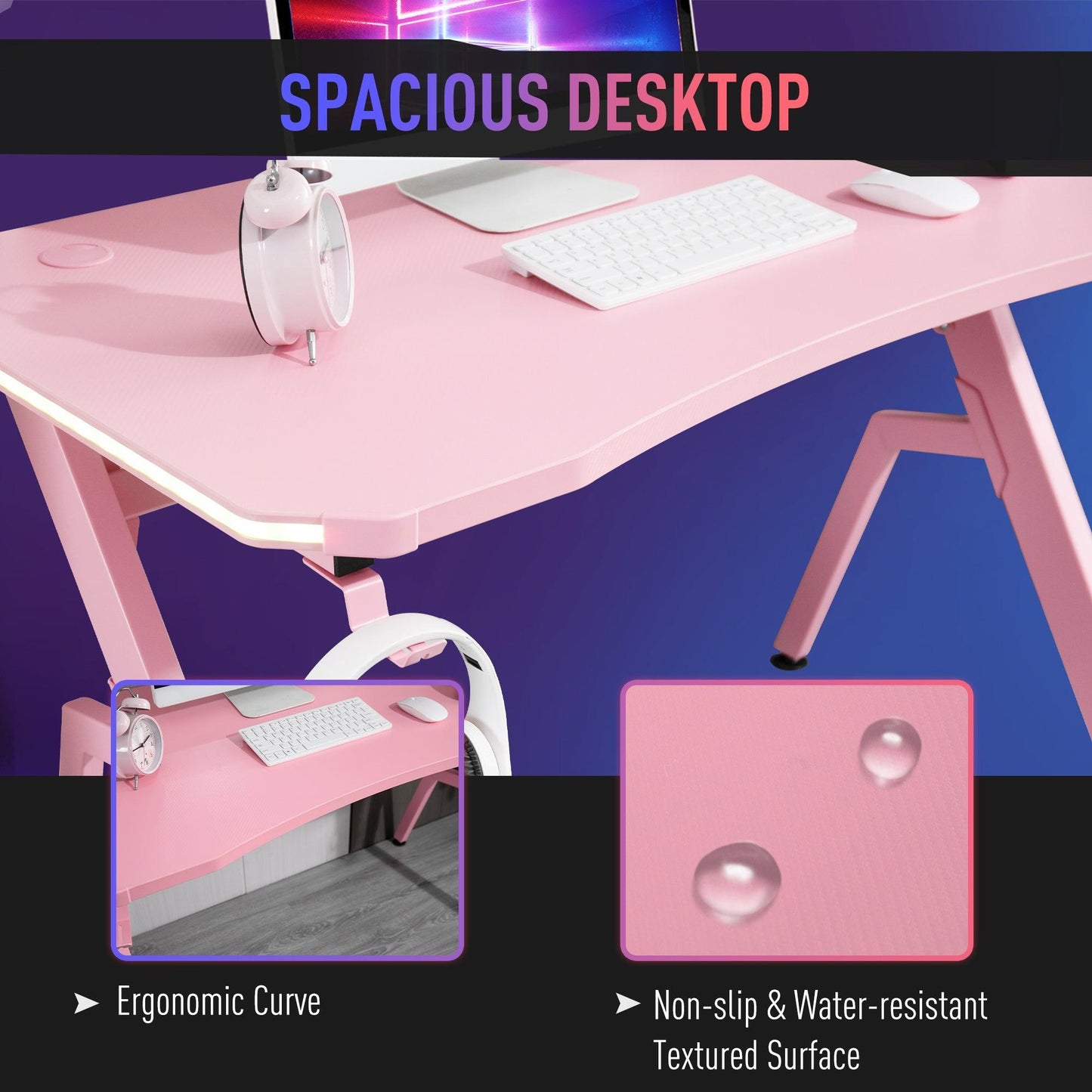 HOMCOM Pink Gaming Desk with RGB LED Lights - ALL4U RETAILER LTD