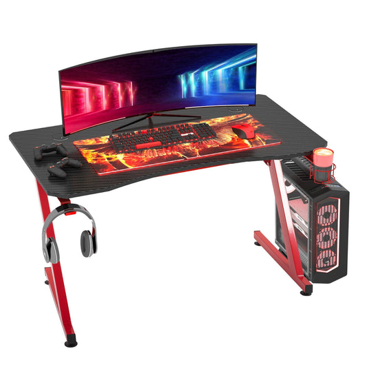 HOMCOM Gaming Desk - Red, Steel Frame, Adjustable Feet - ALL4U RETAILER LTD