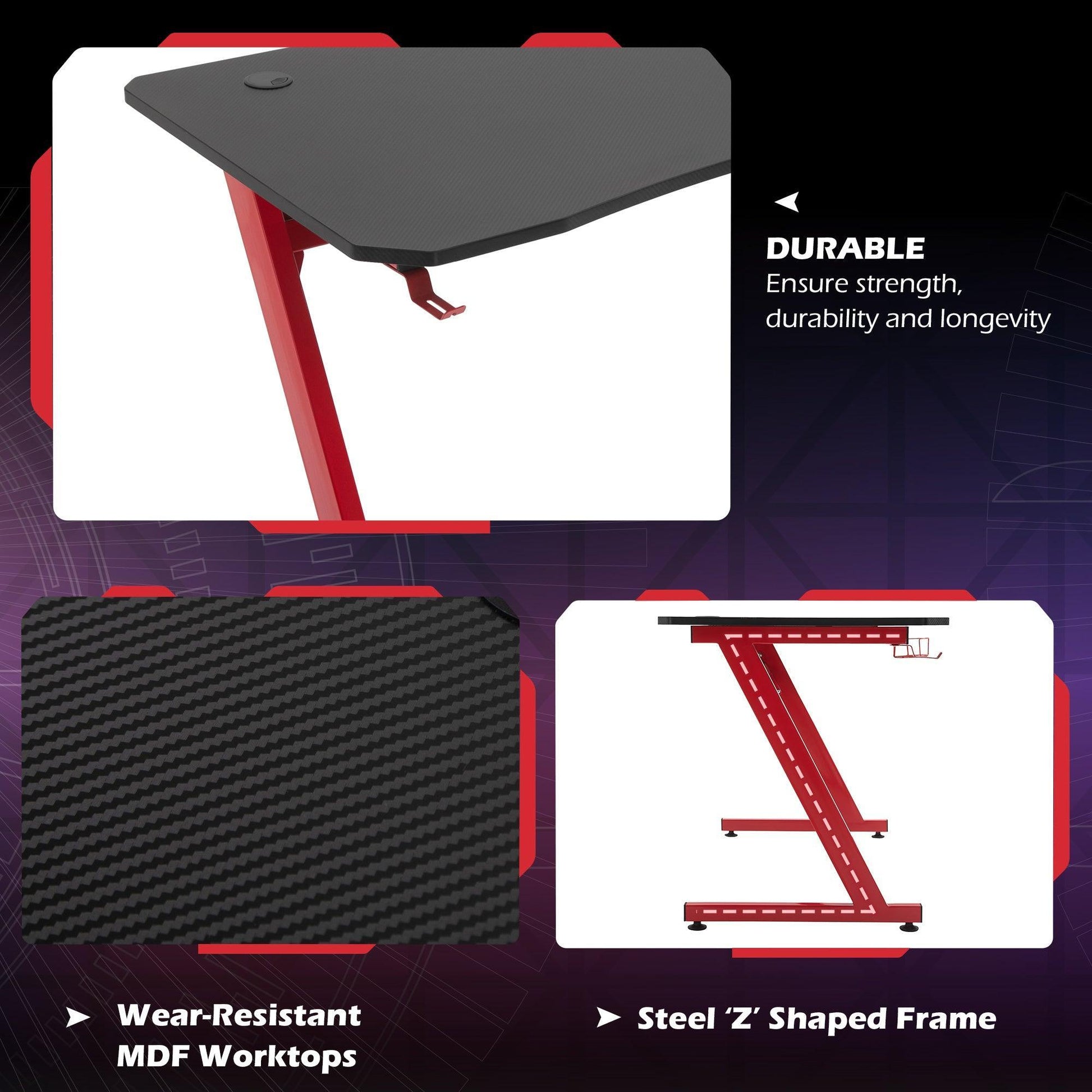 HOMCOM Gaming Desk - Red, Steel Frame, Adjustable Feet - ALL4U RETAILER LTD