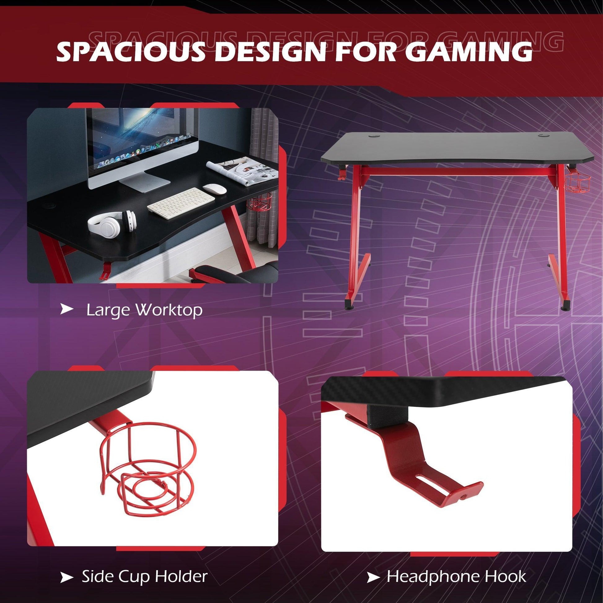 HOMCOM Gaming Desk - Red, Steel Frame, Adjustable Feet - ALL4U RETAILER LTD