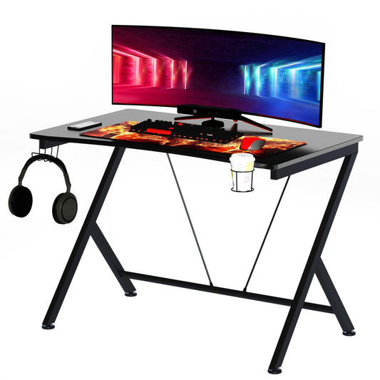 HOMCOM Gaming Desk: Sleek Black Table with Cup Holder - ALL4U RETAILER LTD