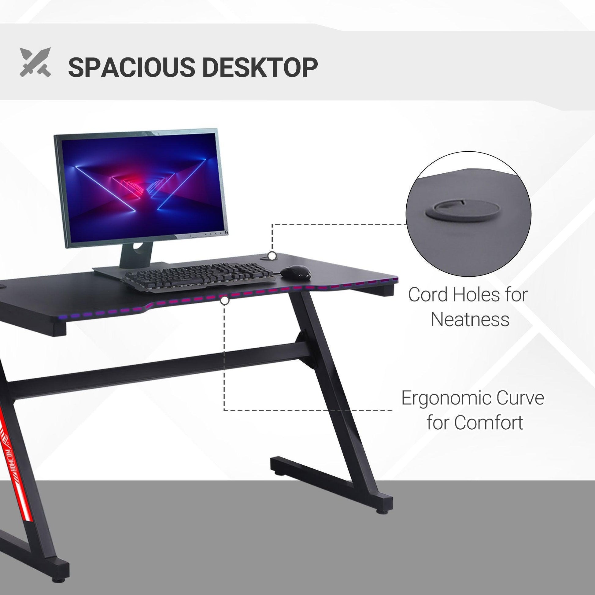 HOMCOM Gaming Desk with Cable Management - Z-Shaped, Black - ALL4U RETAILER LTD