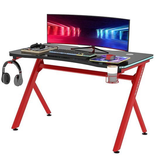 HOMCOM Gaming Desk with LED Light & Accessories - ALL4U RETAILER LTD