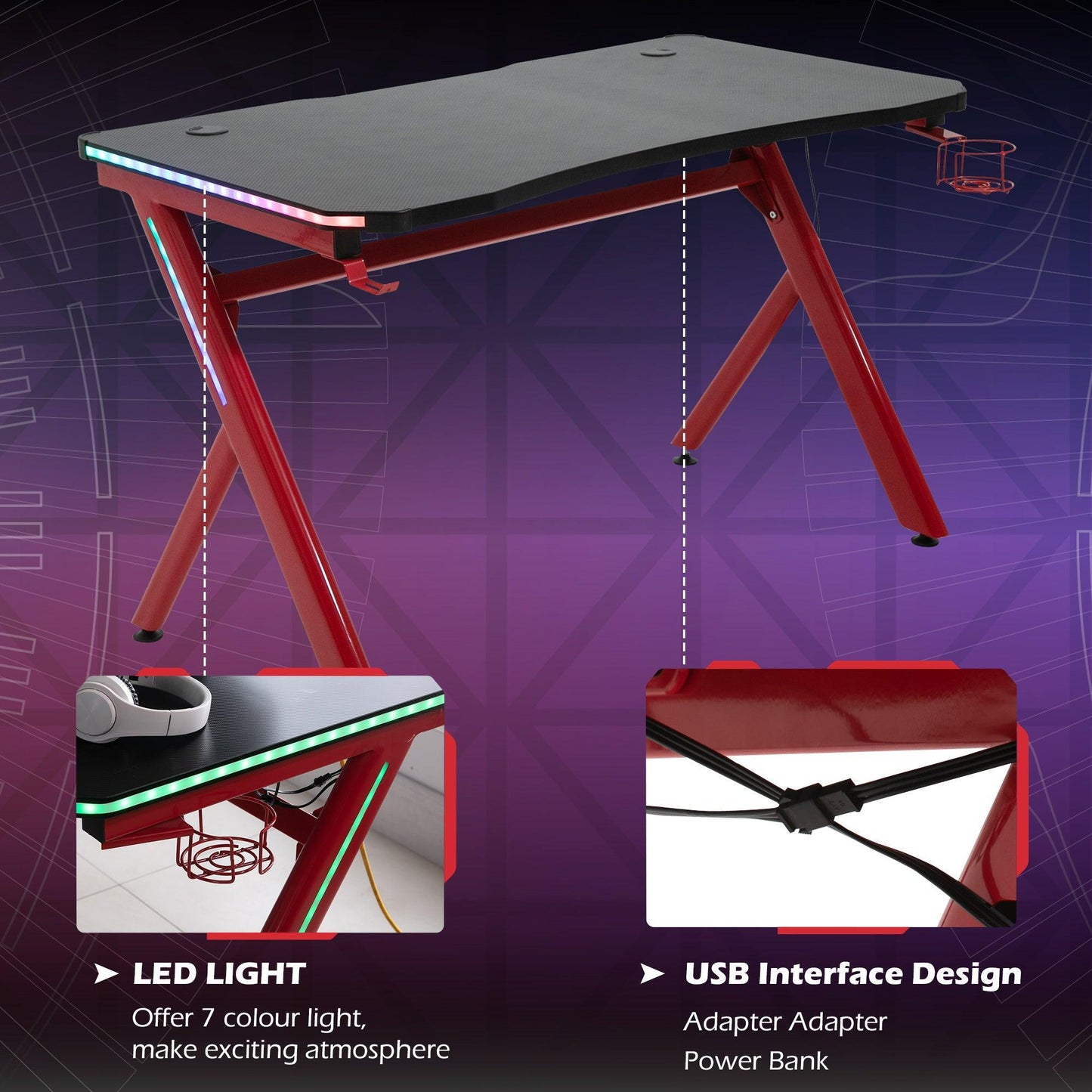 HOMCOM Gaming Desk with LED Light & Accessories - ALL4U RETAILER LTD